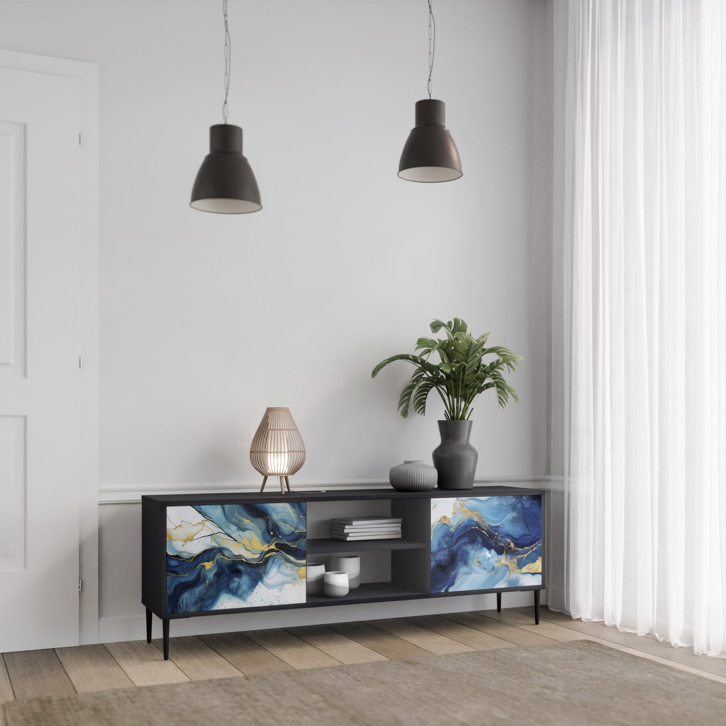 Mobile TV INKY MARBLE a 2 ante con finitura nera