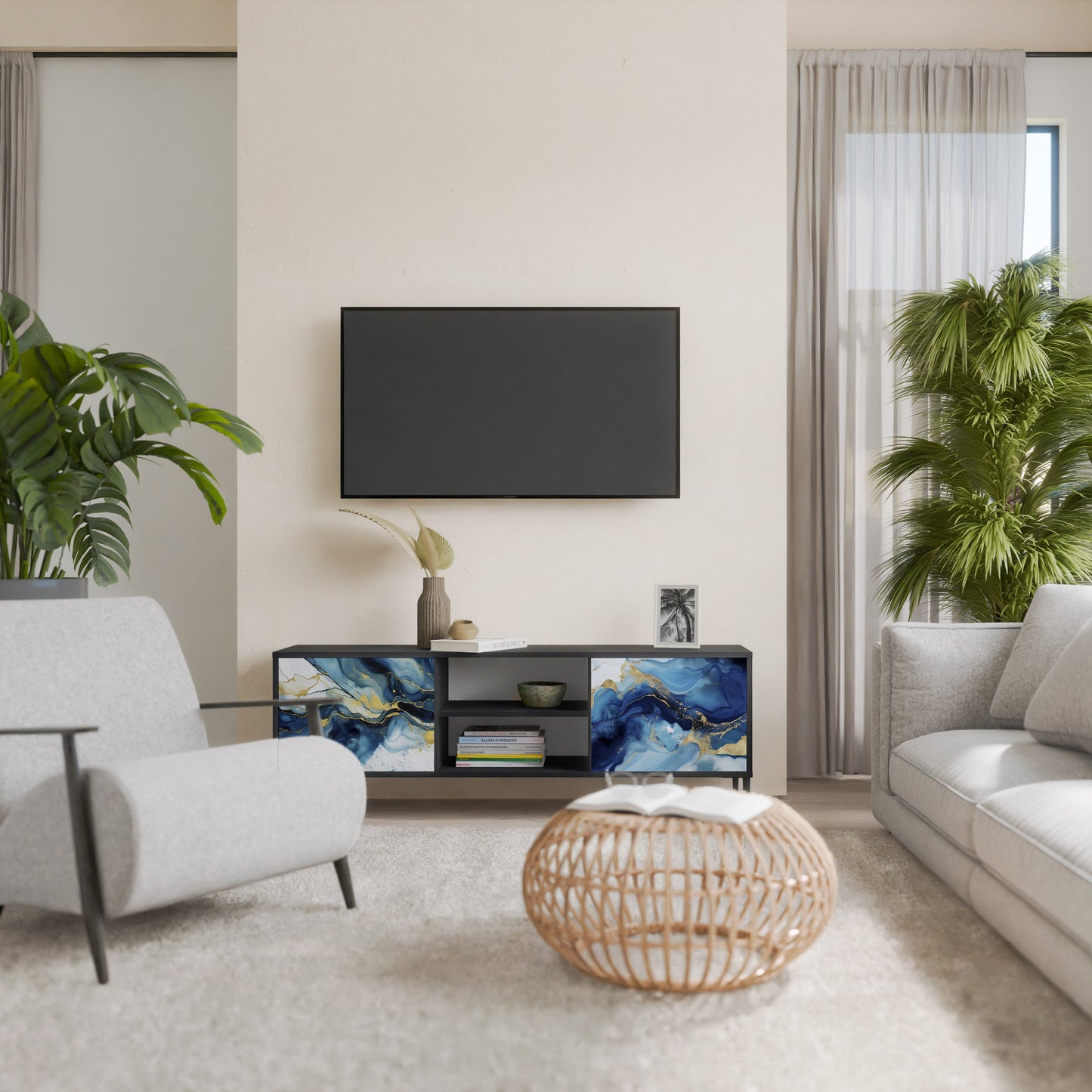 Mobile TV INKY MARBLE a 2 ante con finitura nera