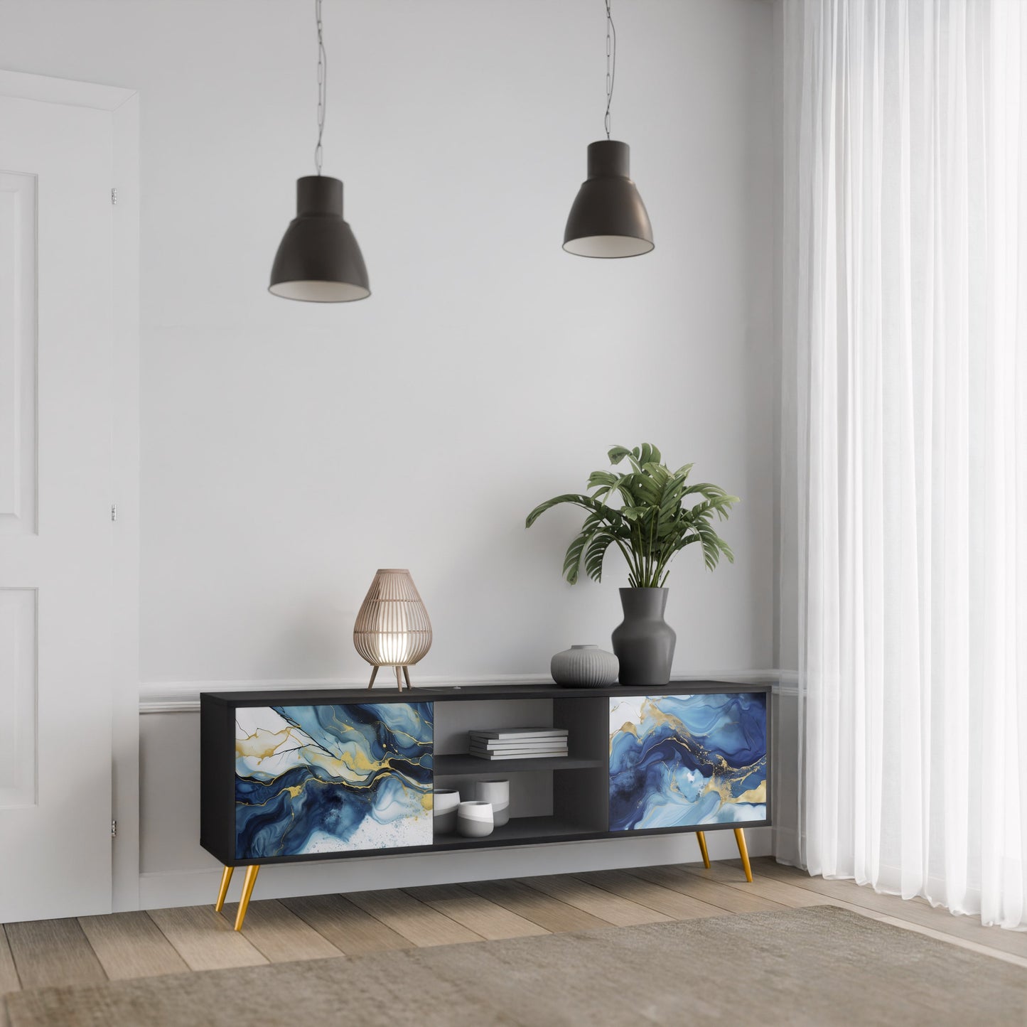 Mobile TV INKY MARBLE a 2 ante con finitura nera