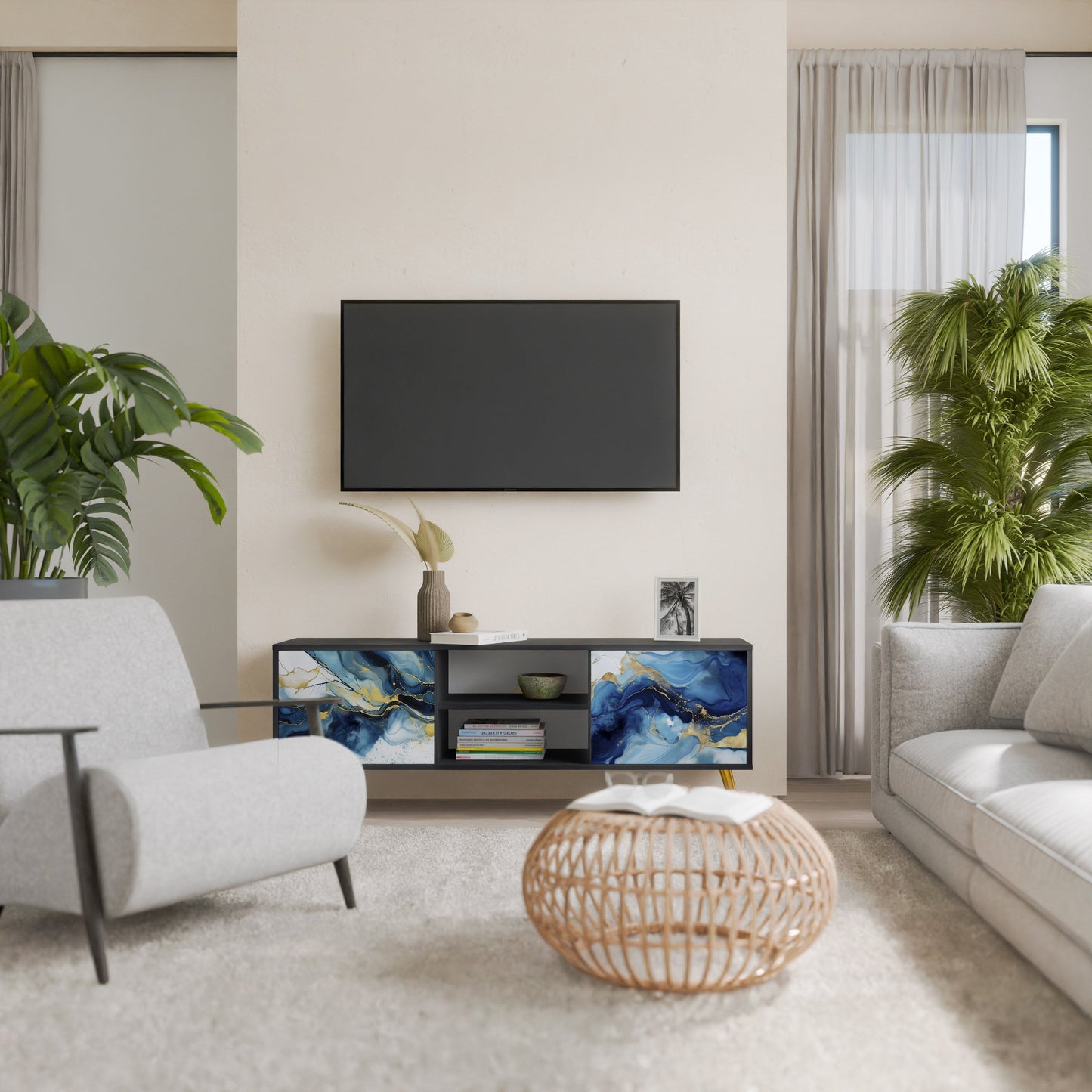 Mobile TV INKY MARBLE a 2 ante con finitura nera