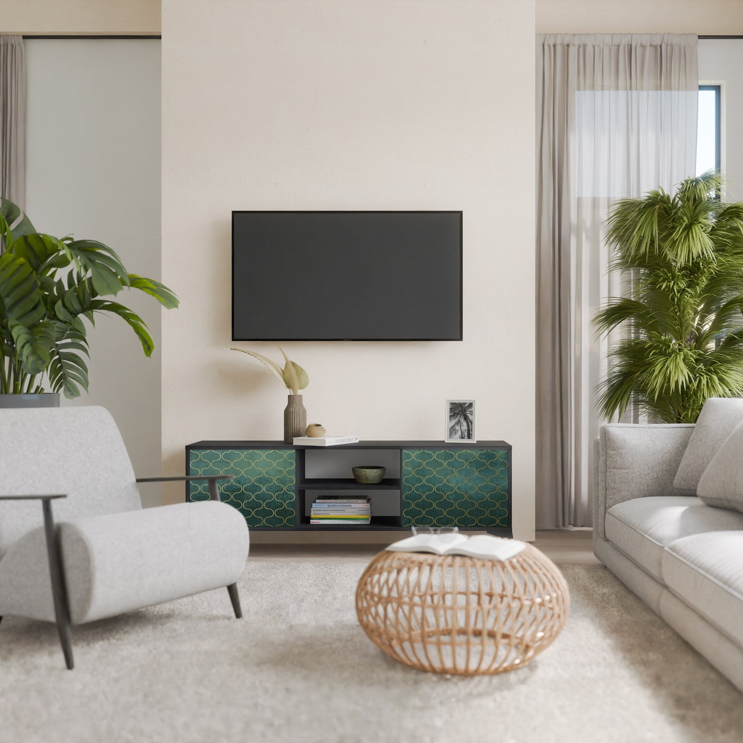 TESSELATED GREENERY 2-Door TV Stand in Black Finish