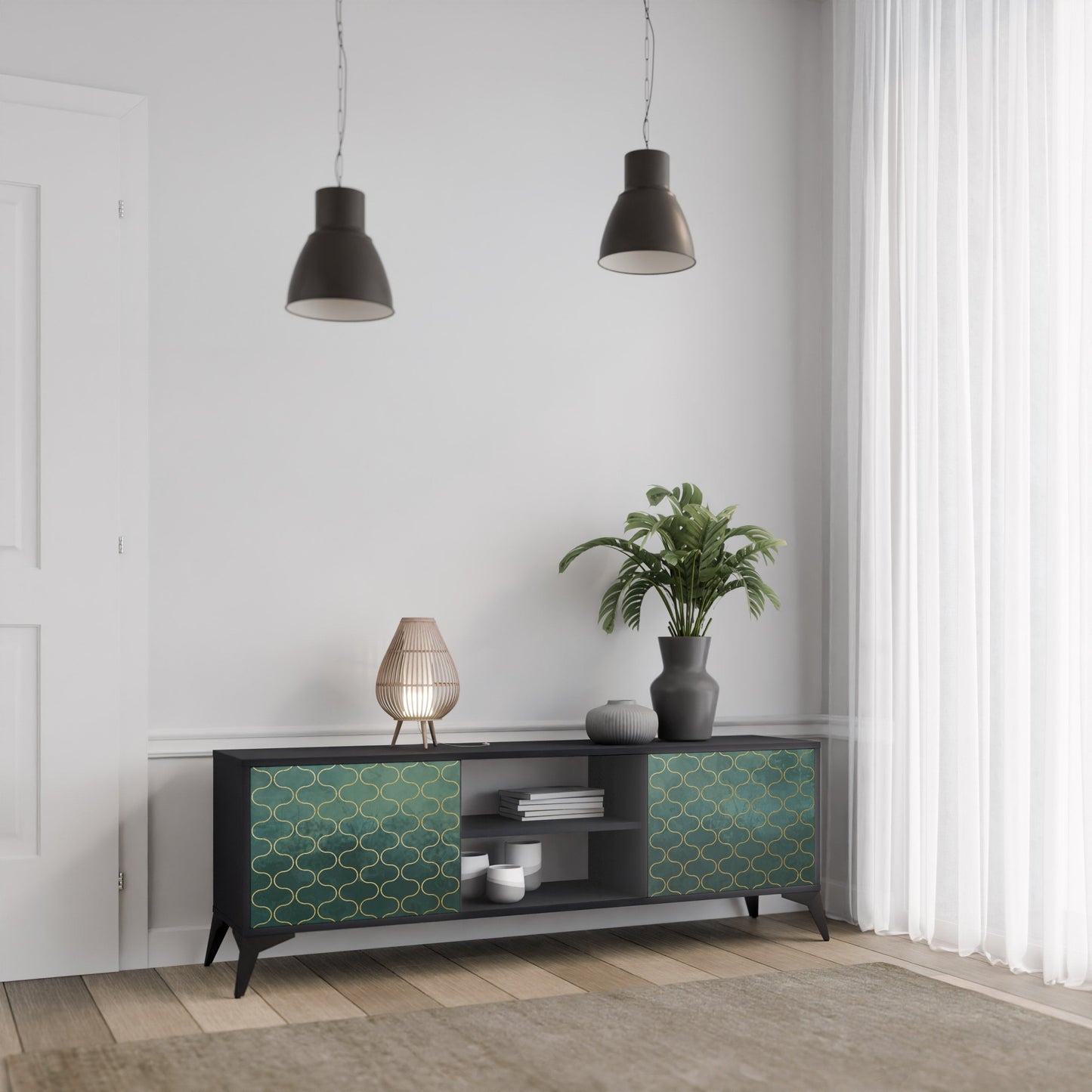 TESSELATED GREENERY 2-Door TV Stand in Black Finish