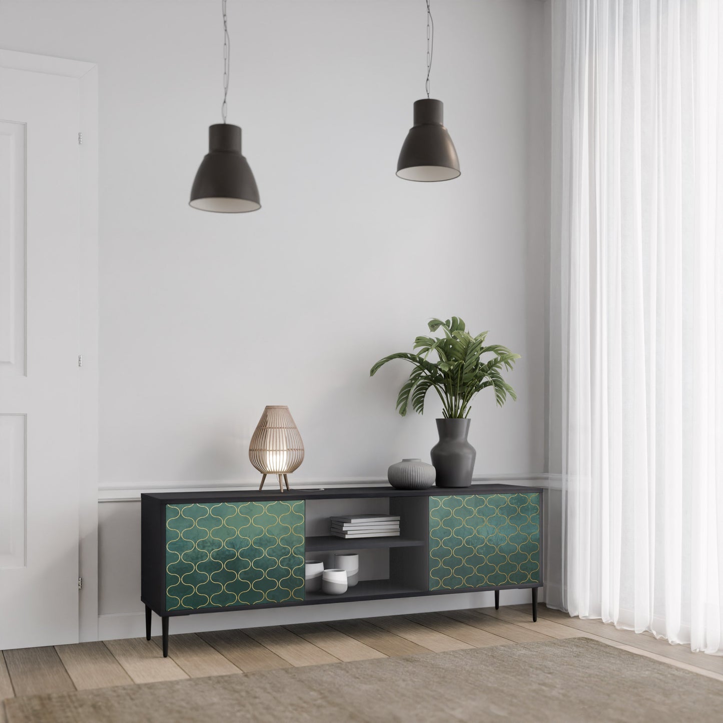 TESSELATED GREENERY 2-Door TV Stand in Black Finish