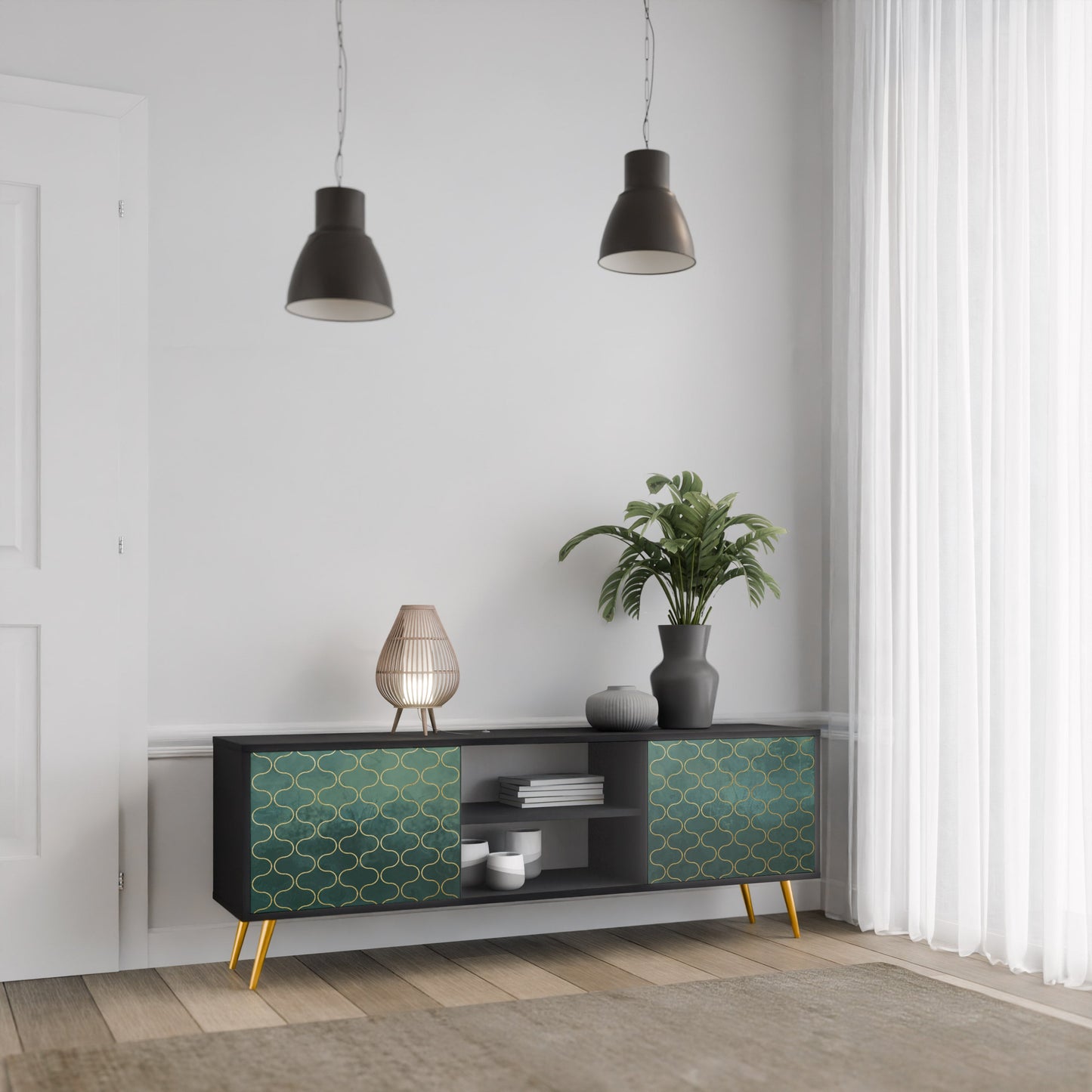 TESSELATED GREENERY 2-Door TV Stand in Black Finish