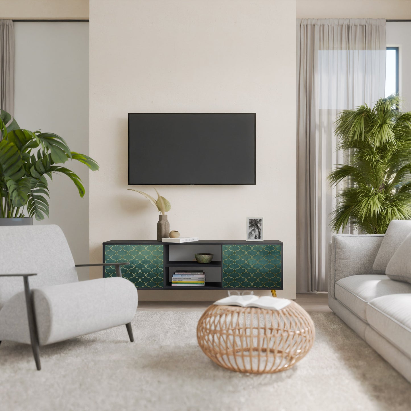 TESSELATED GREENERY 2-Door TV Stand in Black Finish