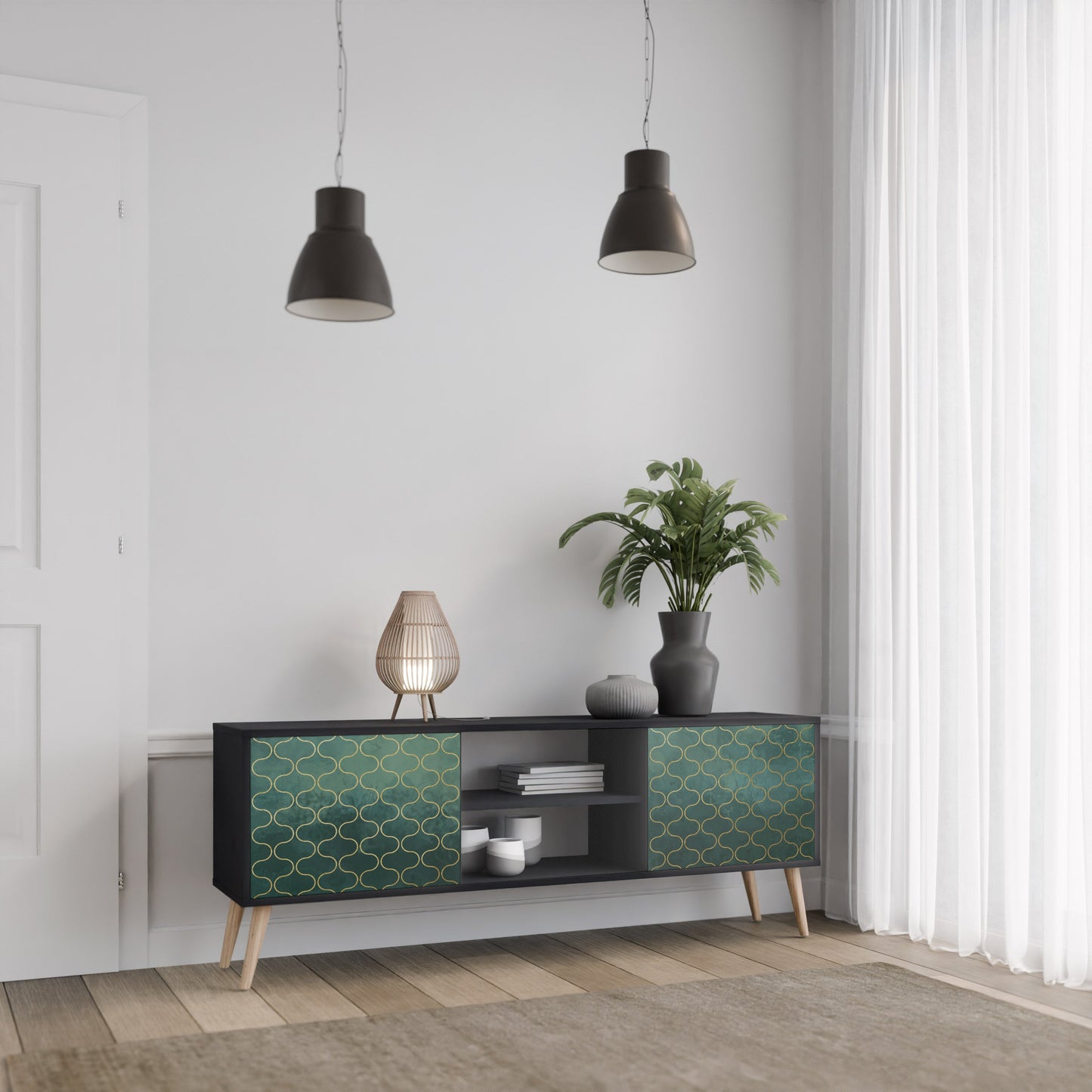 TESSELATED GREENERY 2-Door TV Stand in Black Finish
