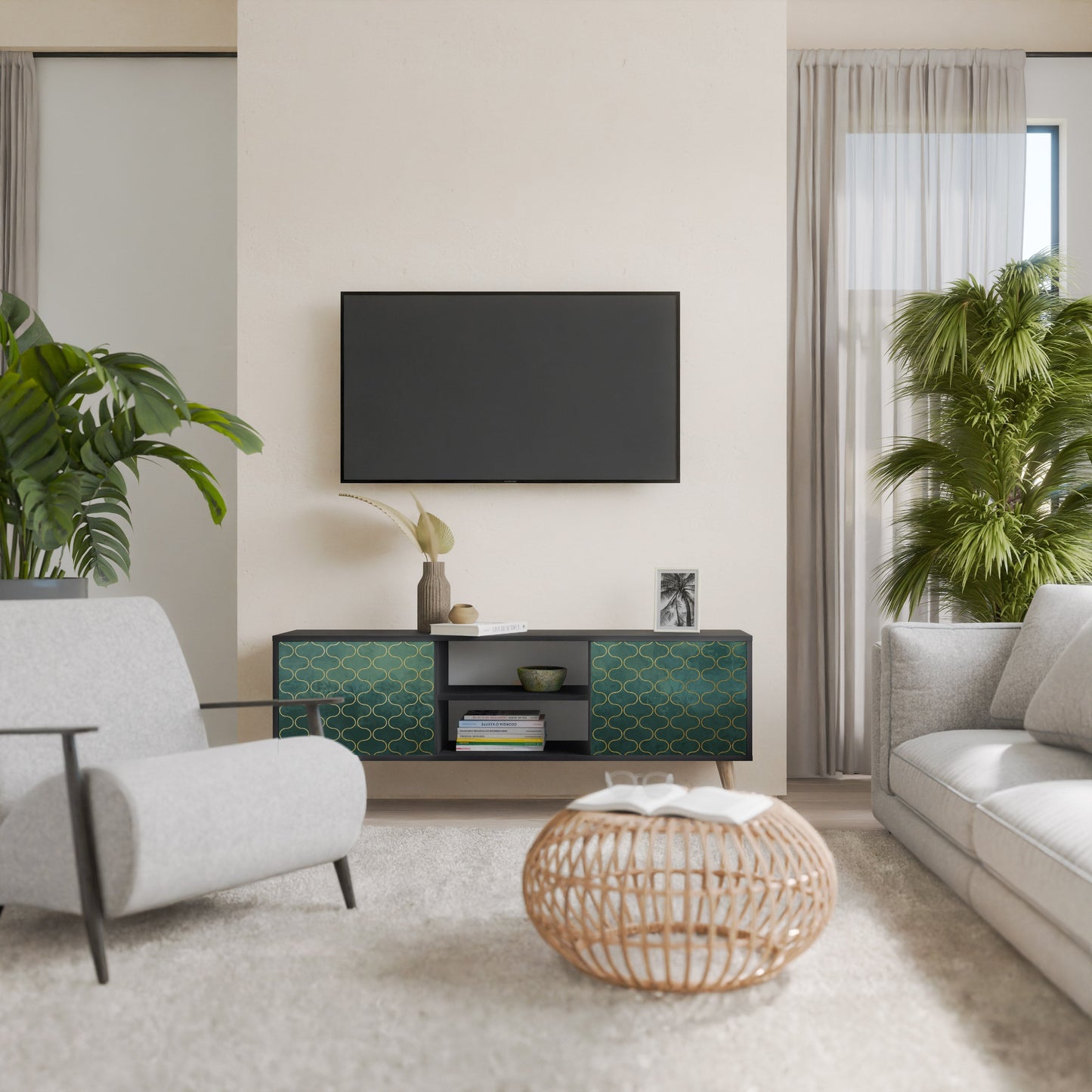 TESSELATED GREENERY 2-Door TV Stand in Black Finish