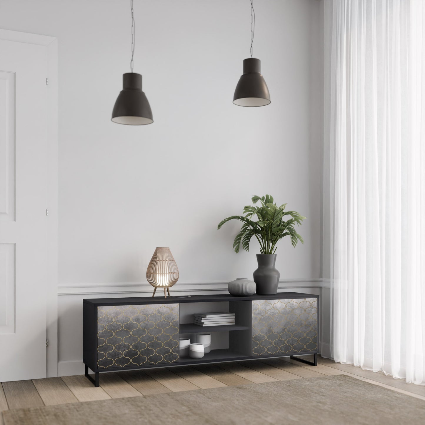 TESSELATED GRAYISH 2-Door TV Stand in Black Finish