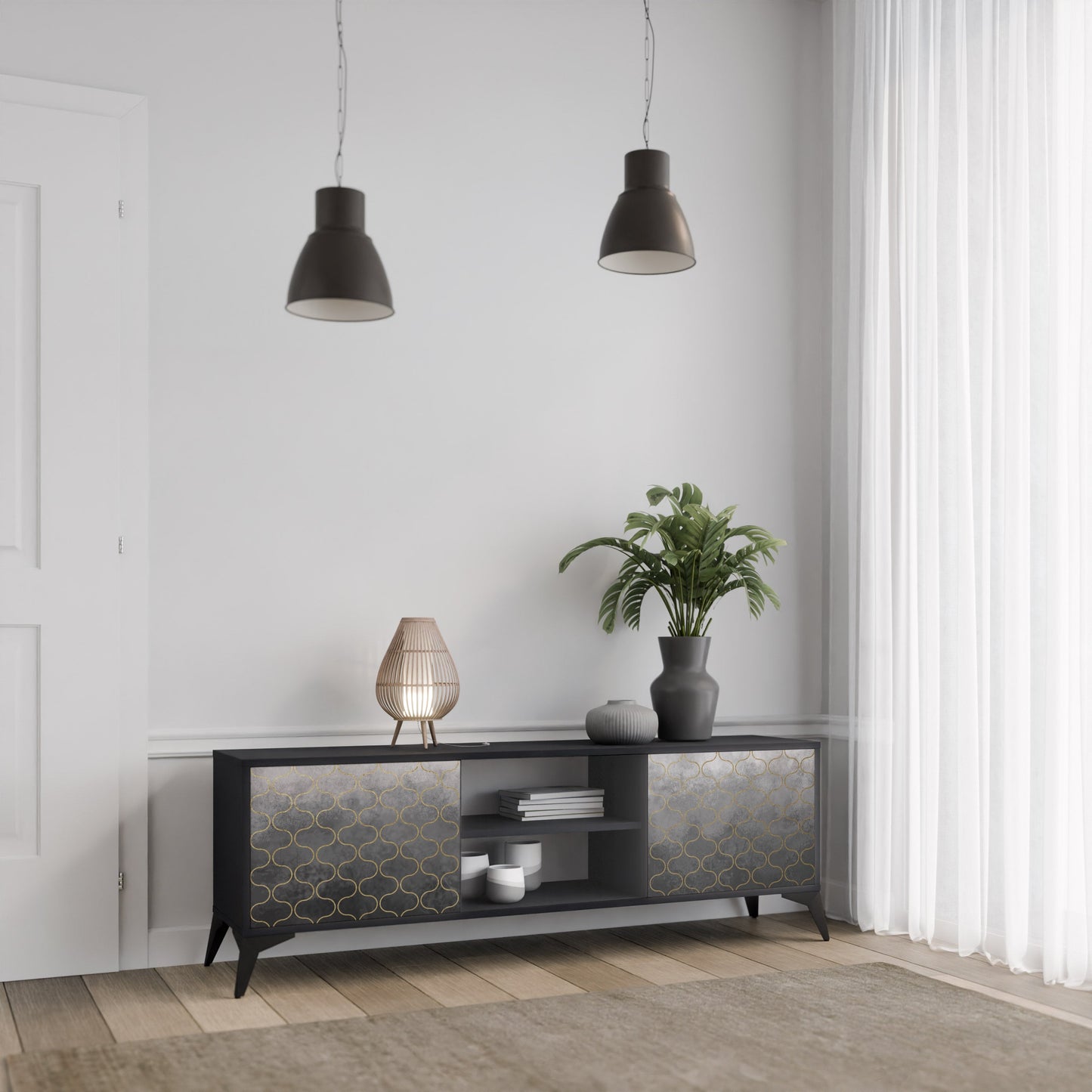 TESSELATED GRAYISH 2-Door TV Stand in Black Finish