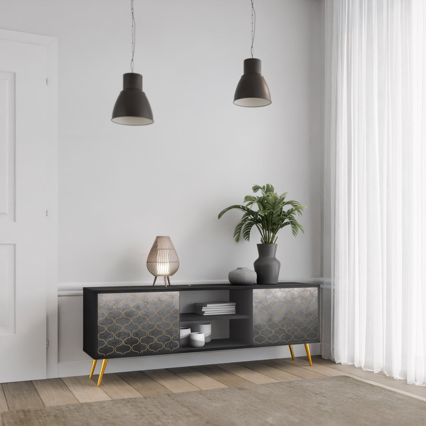 TESSELATED GRAYISH 2-Door TV Stand in Black Finish