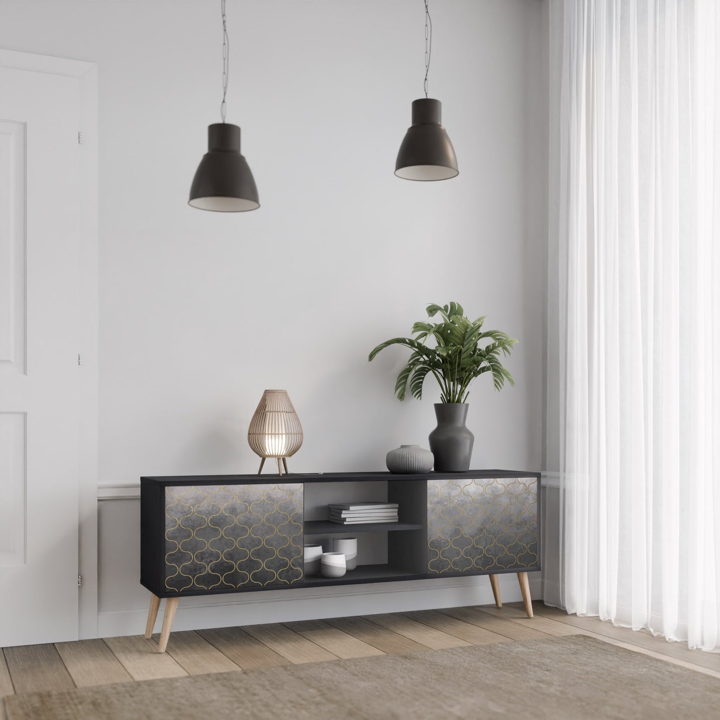 TESSELATED GRAYISH 2-Door TV Stand in Black Finish