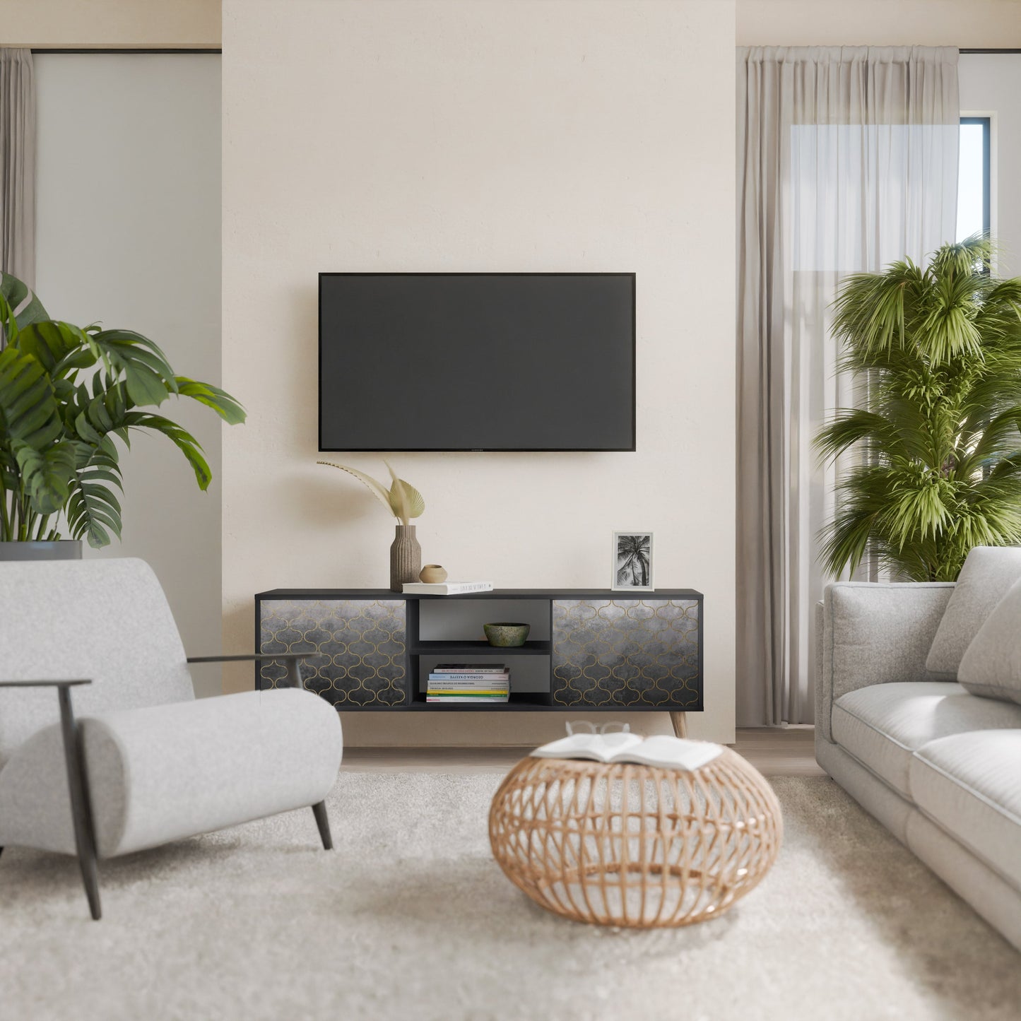 TESSELATED GRAYISH 2-Door TV Stand in Black Finish