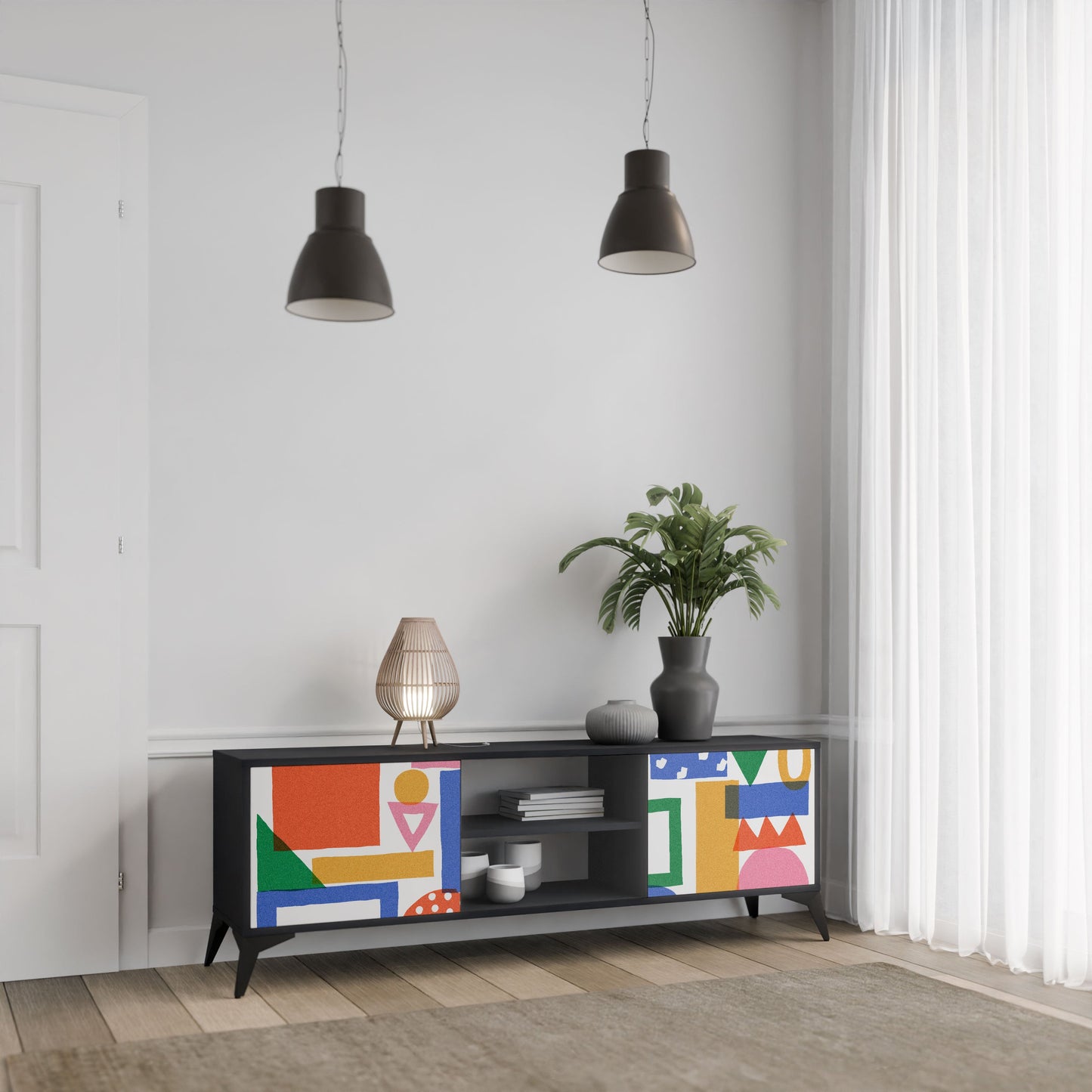 GEOMETRIC GLIMMER 2-Door TV Stand in Black Finish