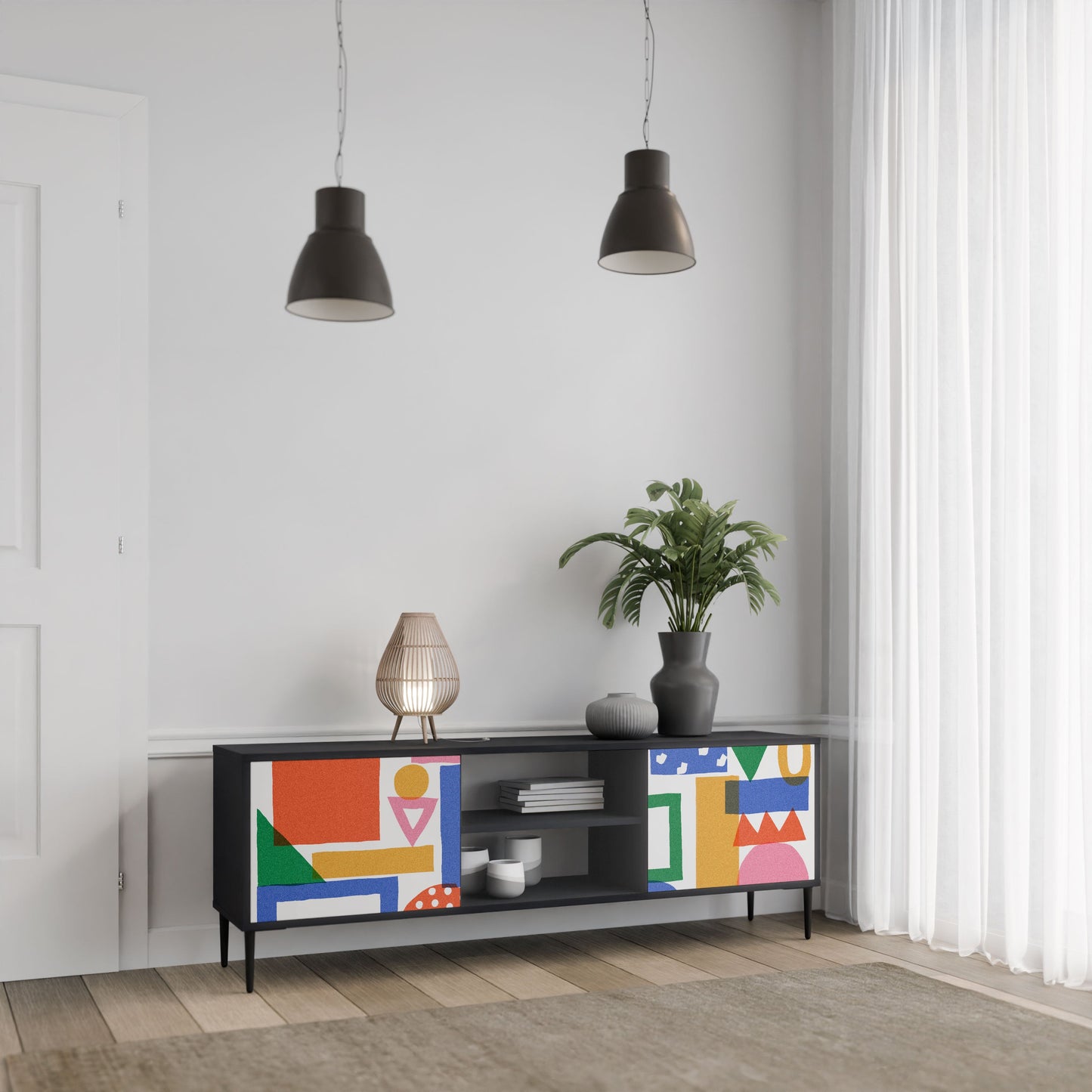GEOMETRIC GLIMMER 2-Door TV Stand in Black Finish