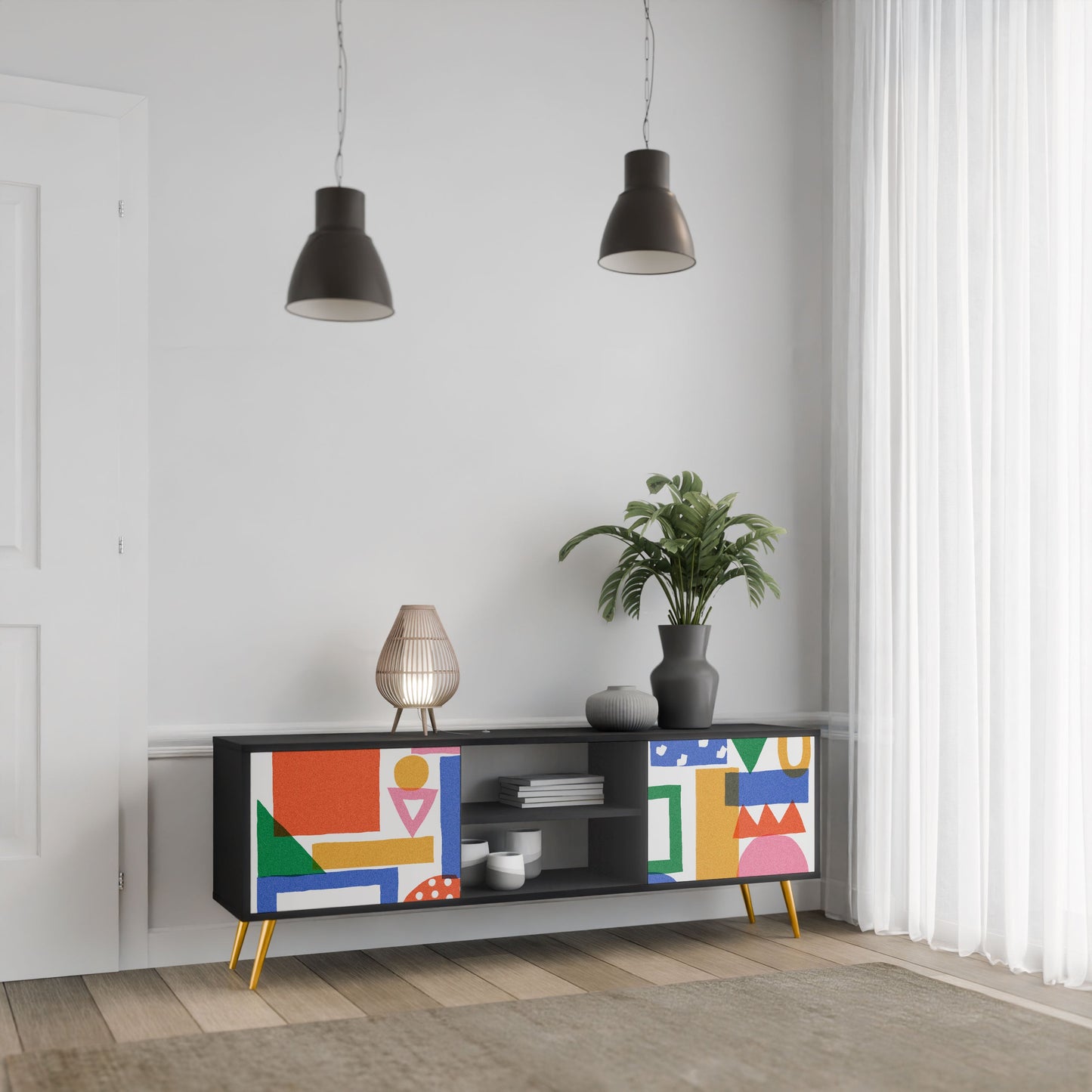 GEOMETRIC GLIMMER 2-Door TV Stand in Black Finish