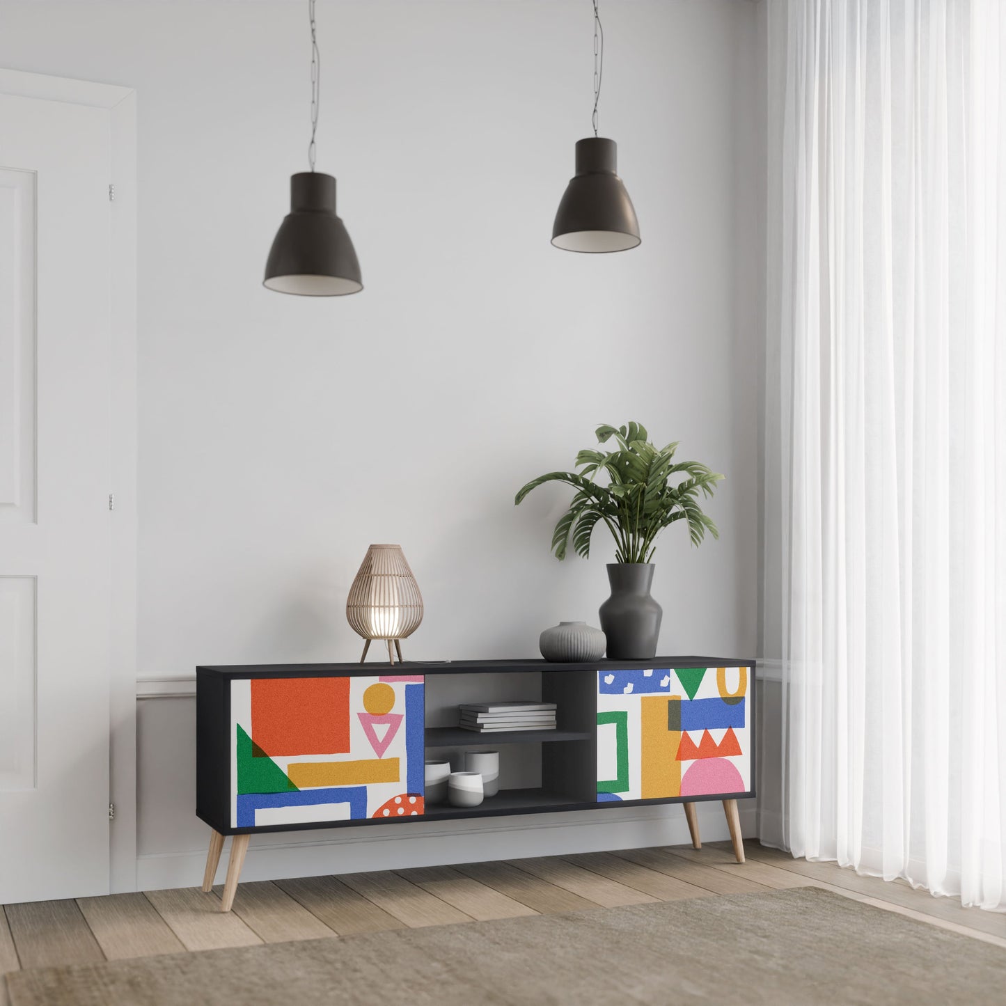 GEOMETRIC GLIMMER 2-Door TV Stand in Black Finish