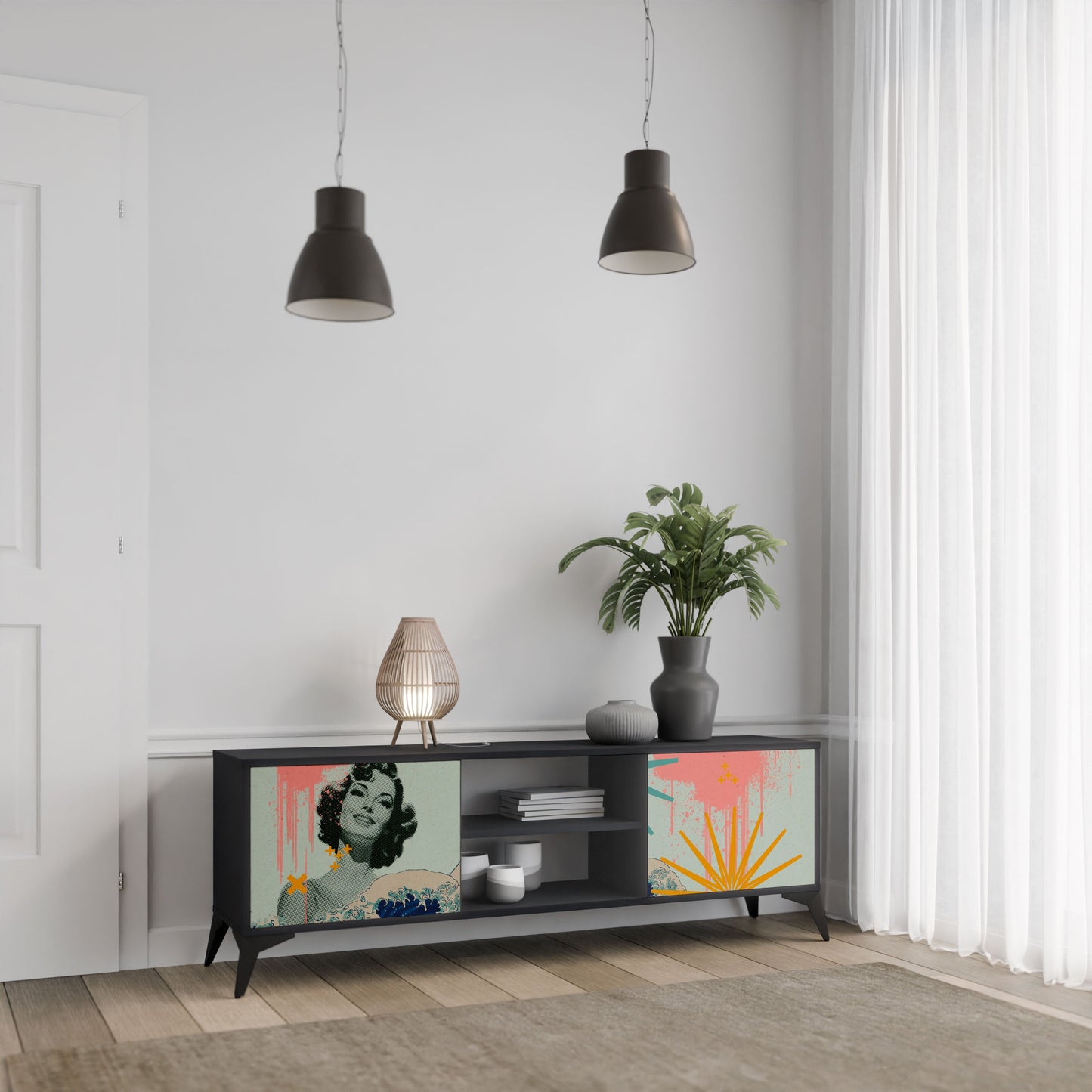 KANAGAWA BEAUTY 2-Door TV Stand in Black Finish