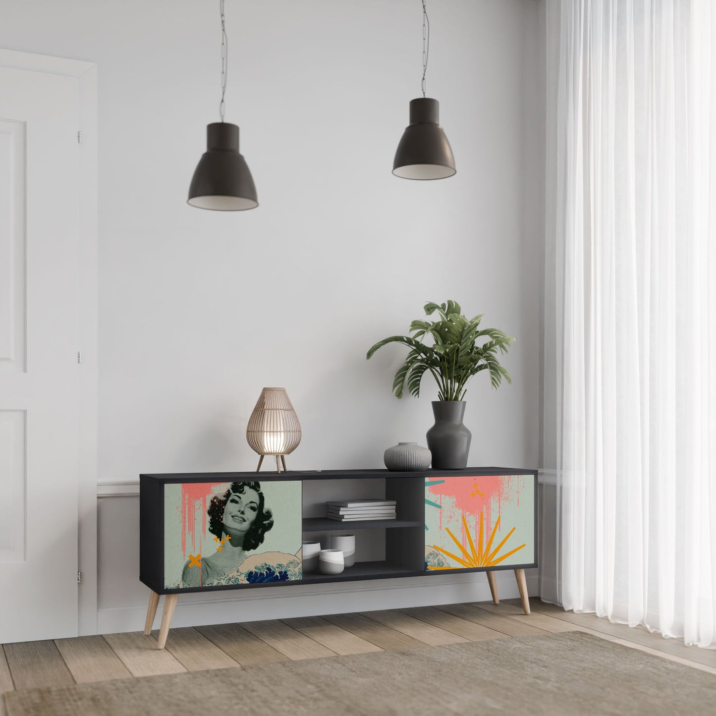 KANAGAWA BEAUTY 2-Door TV Stand in Black Finish
