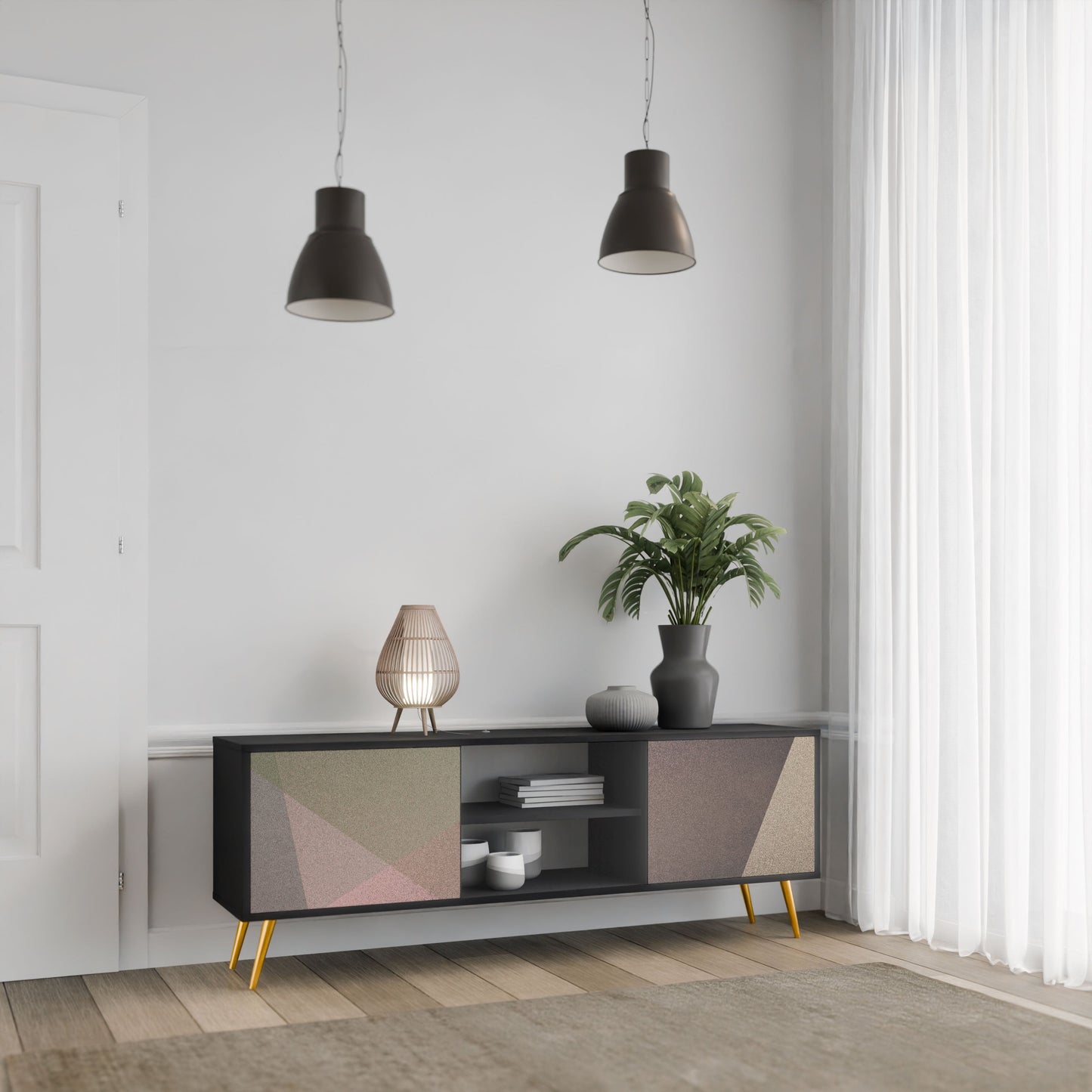BEIGE GEOMETRY 2-Door TV Stand in Black Finish