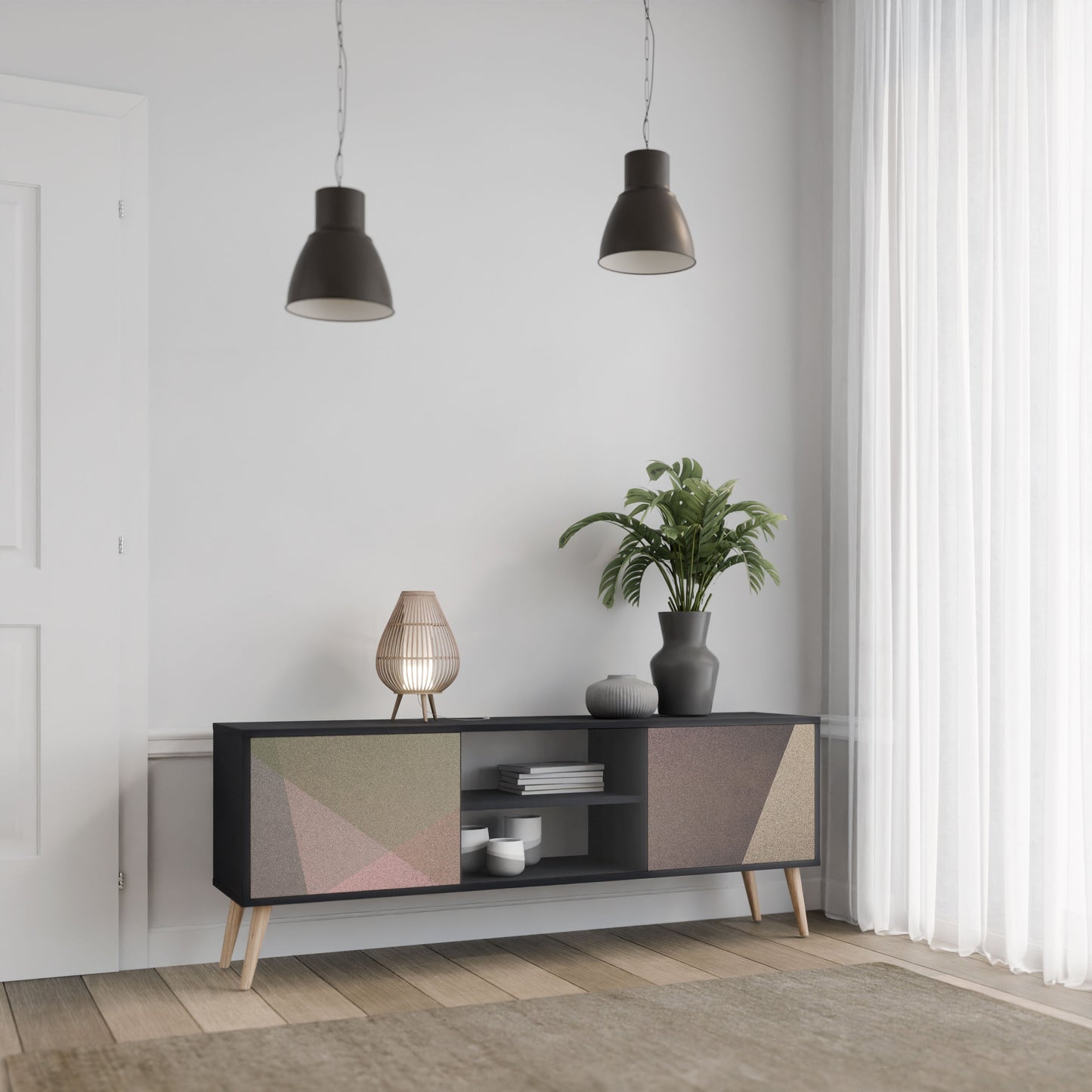 BEIGE GEOMETRY 2-Door TV Stand in Black Finish