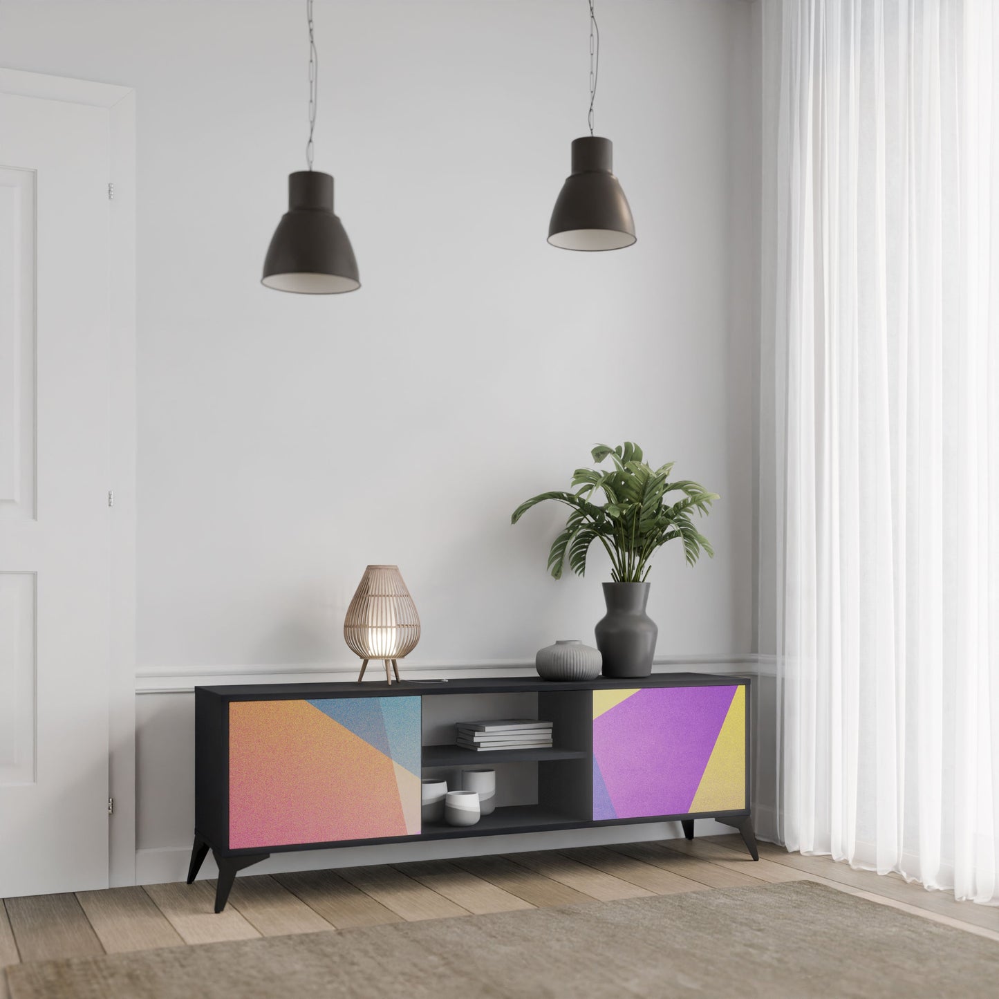 BRIGHT GEOMETRY 2-Door TV Stand in Black Finish