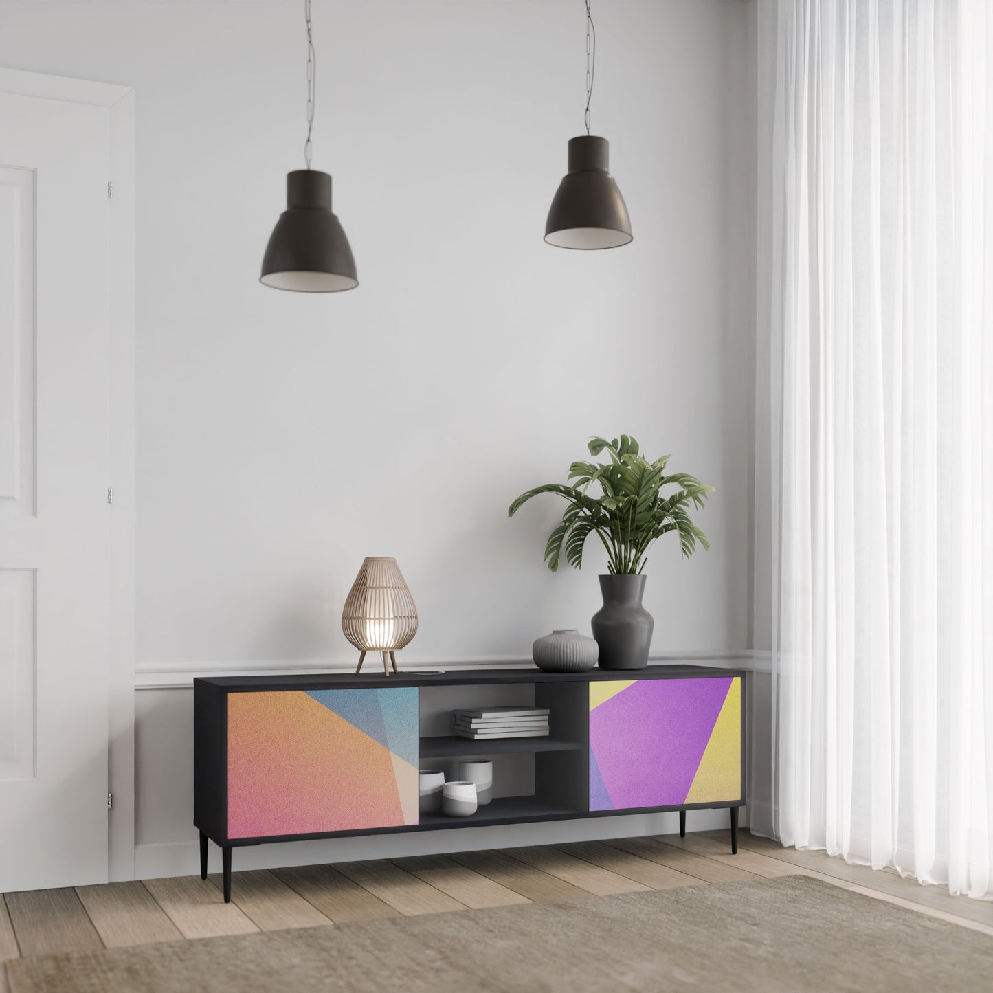 BRIGHT GEOMETRY 2-Door TV Stand in Black Finish