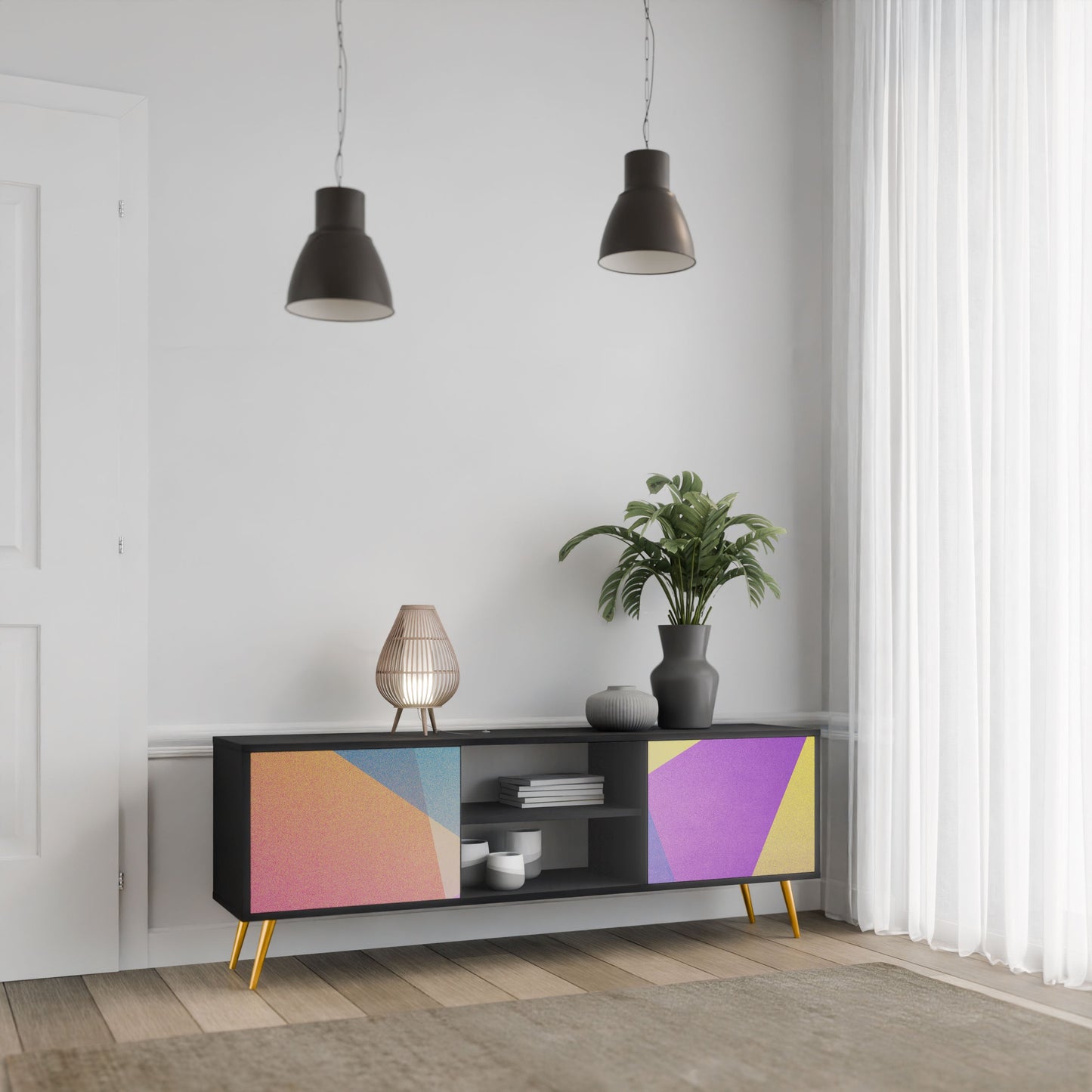 BRIGHT GEOMETRY 2-Door TV Stand in Black Finish