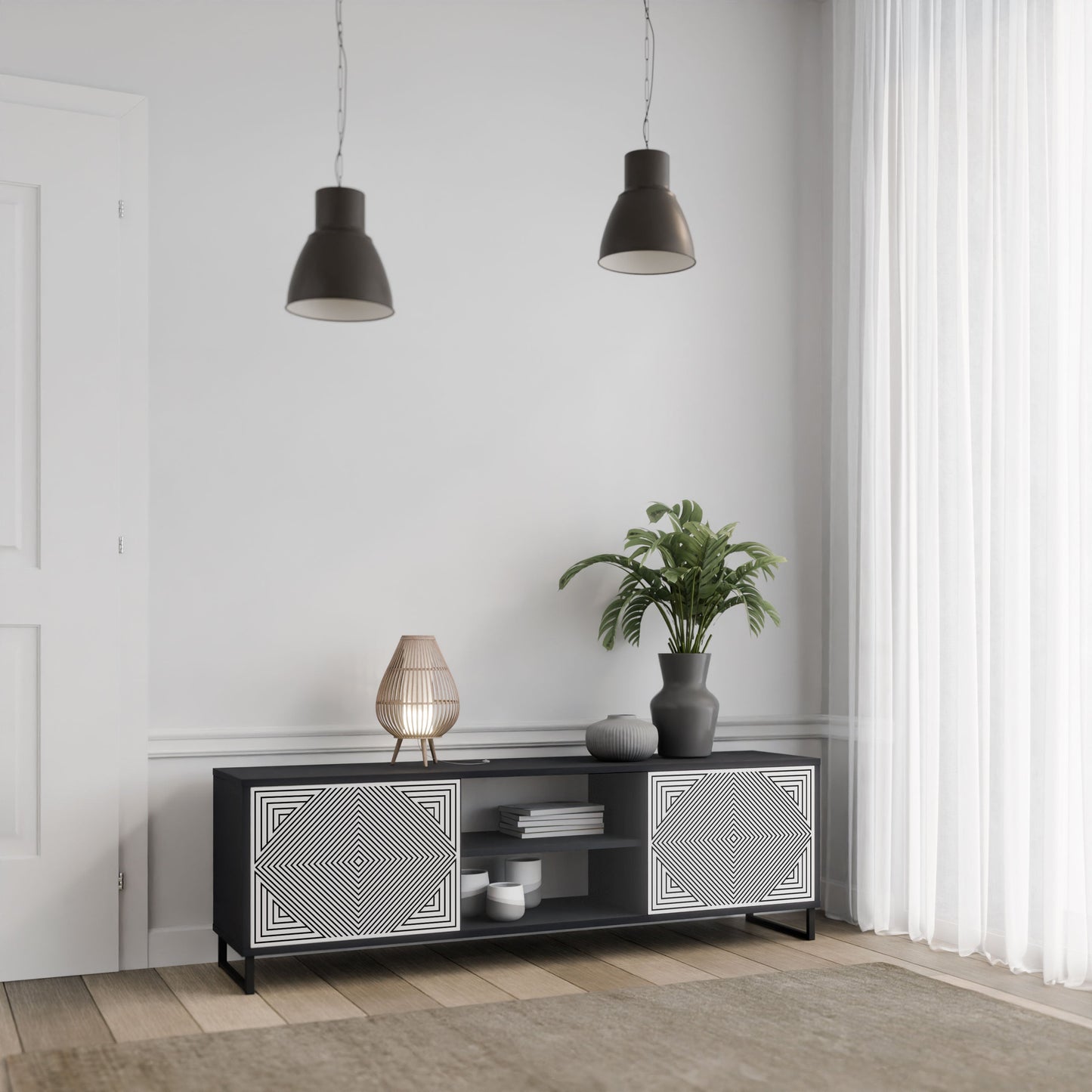 POLYGON ILLUSION 2-Door TV Stand in Black Finish