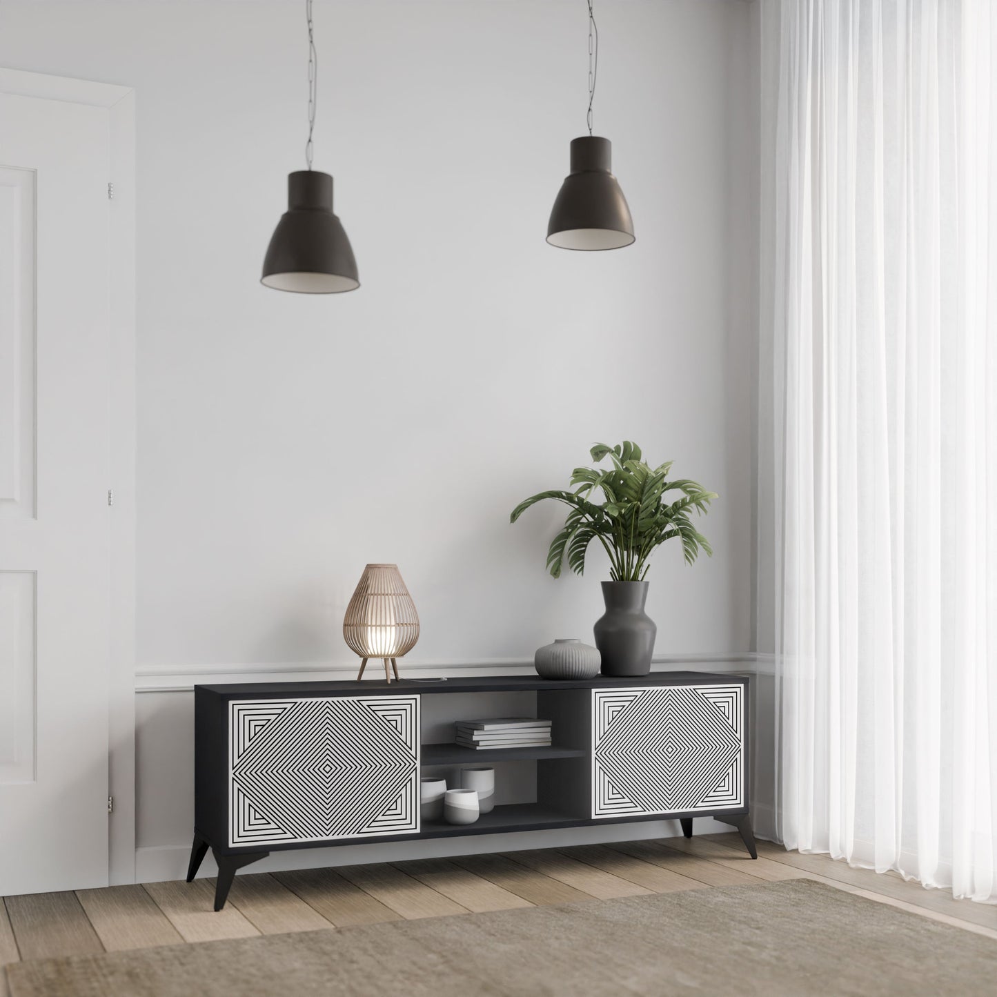 POLYGON ILLUSION 2-Door TV Stand in Black Finish