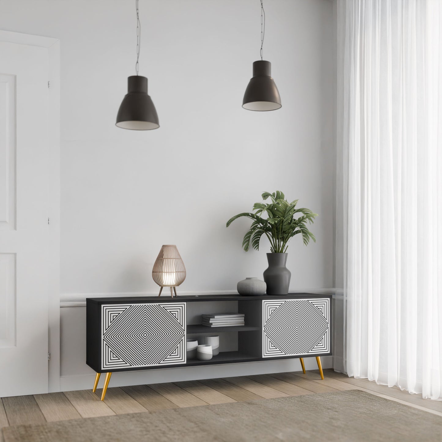 POLYGON ILLUSION 2-Door TV Stand in Black Finish