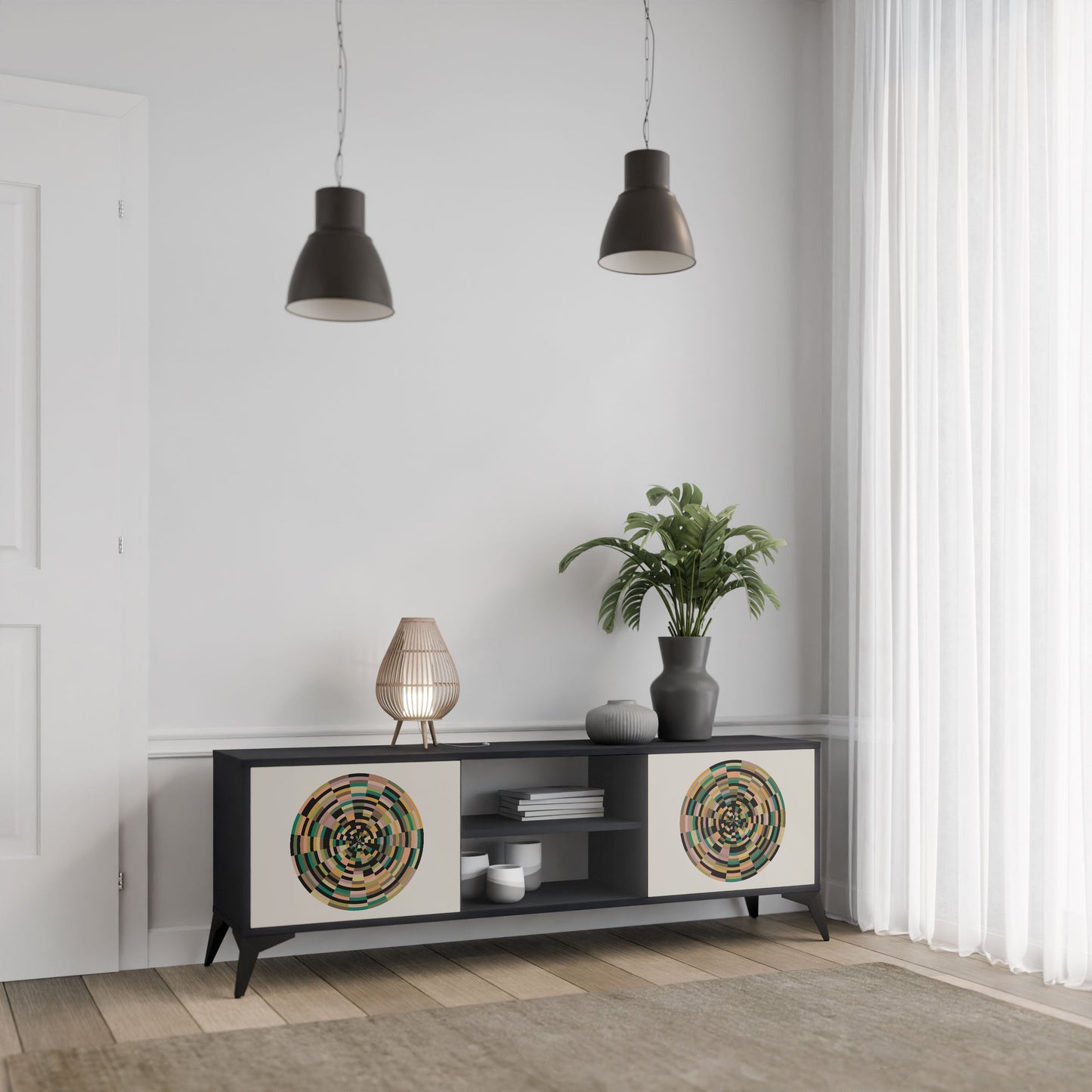 GREEN CIRCLES 2-Door TV Stand in Black Finish