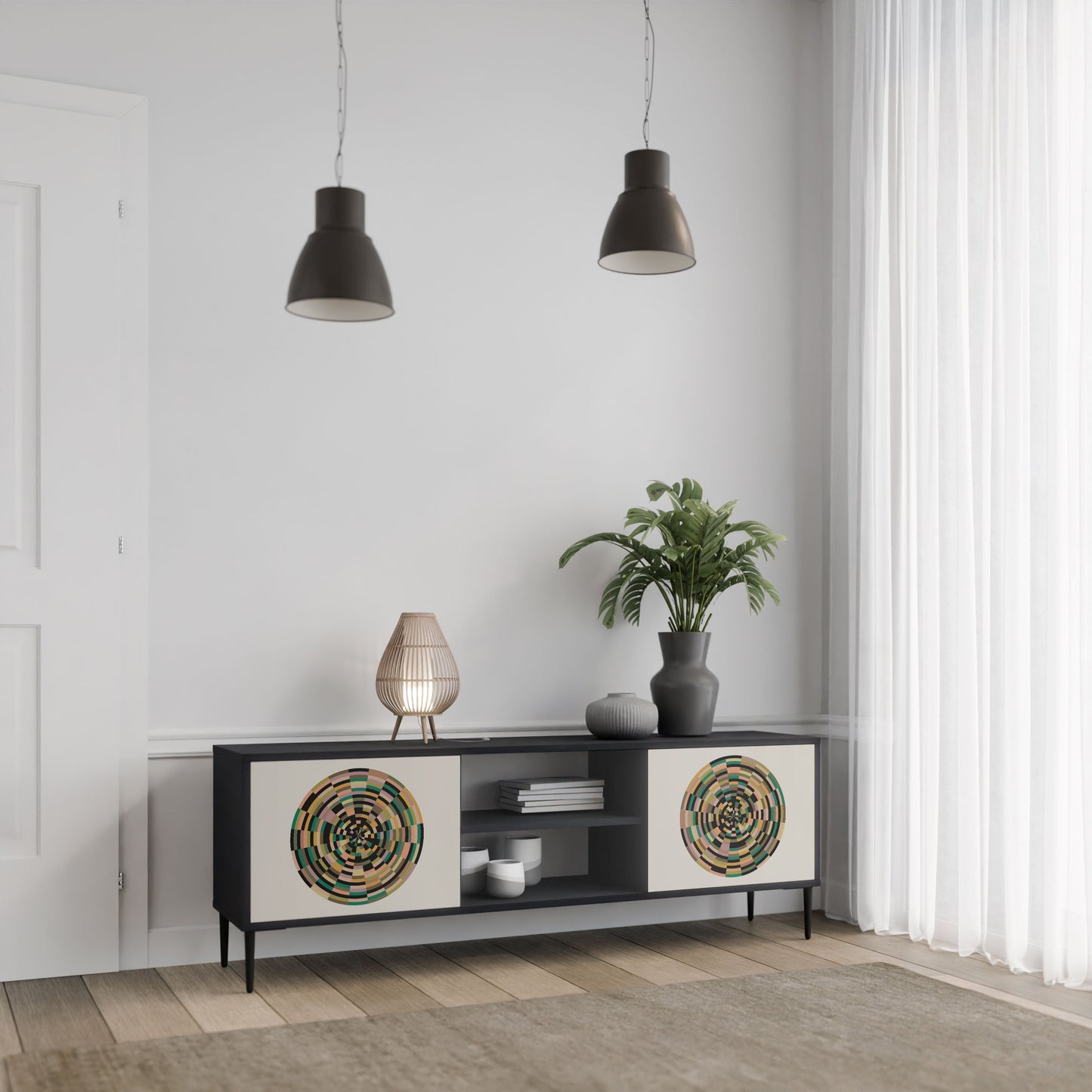 GREEN CIRCLES 2-Door TV Stand in Black Finish