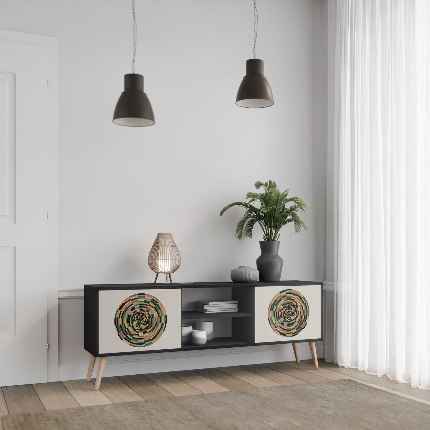 GREEN CIRCLES 2-Door TV Stand in Black Finish