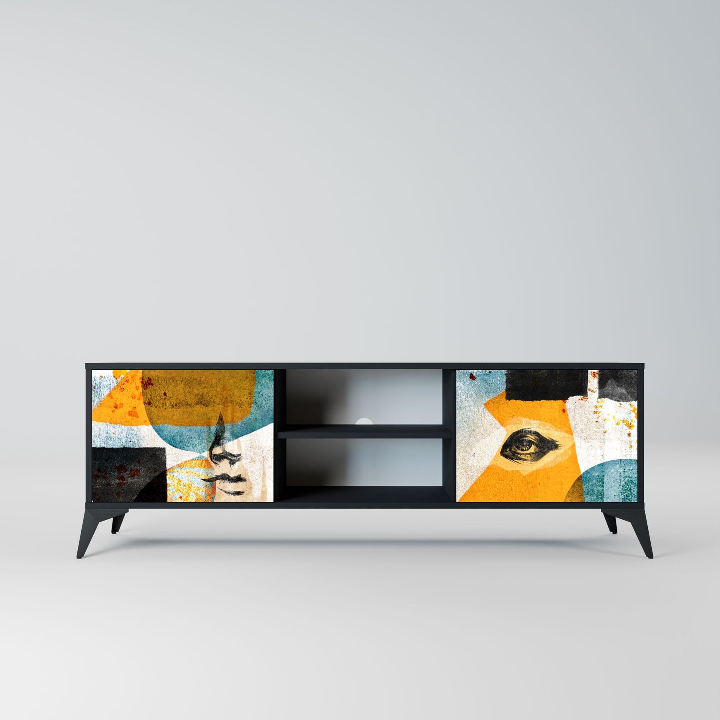 ABSTRACT FACES 2-Door TV Stand in Black Finish