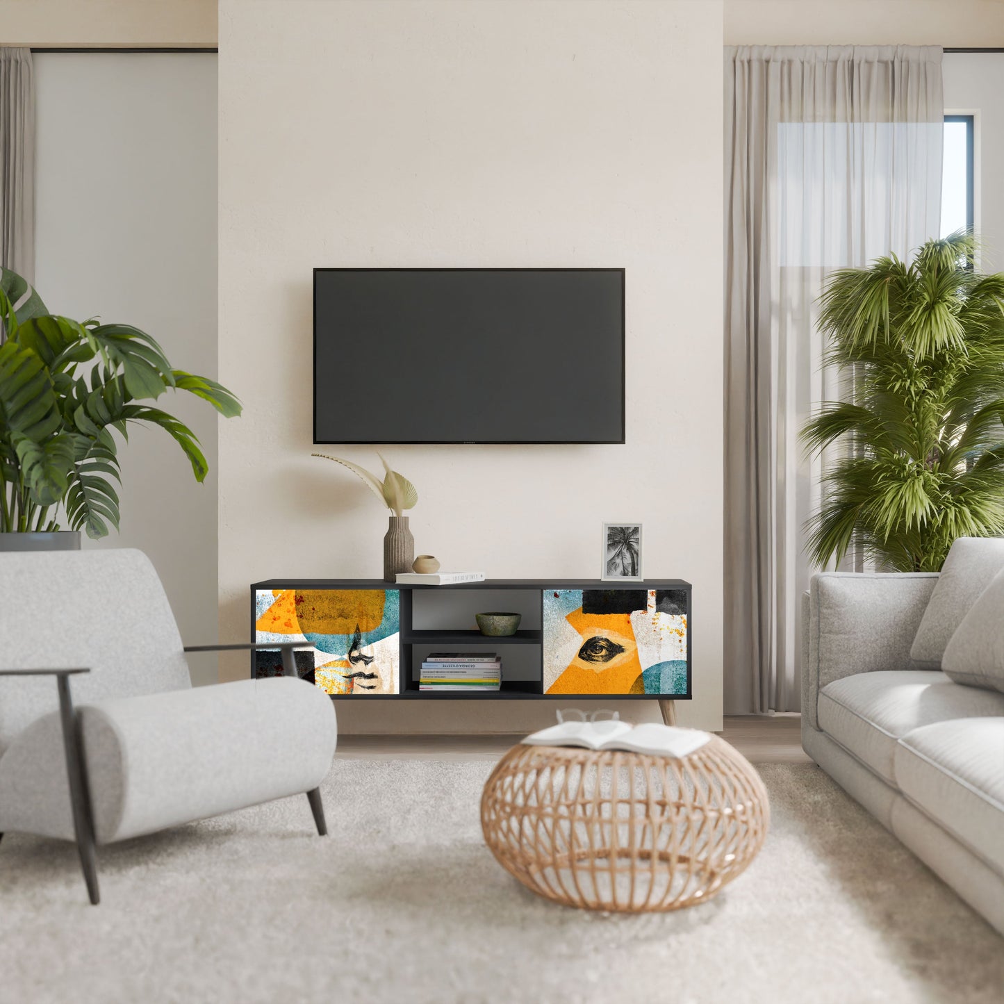 ABSTRACT FACES 2-Door TV Stand in Black Finish