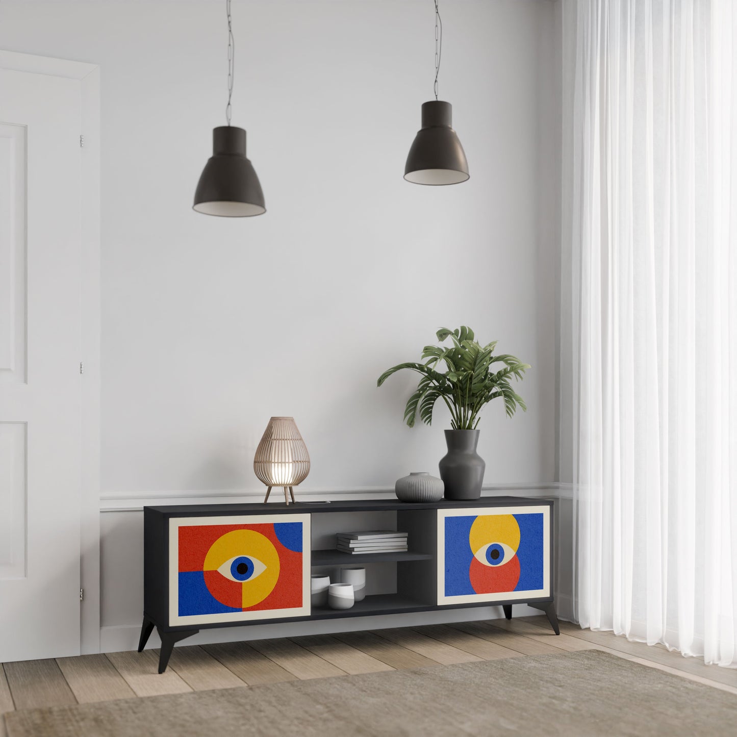 GEOMETRIC EYES 2-Door TV Stand in Black Finish