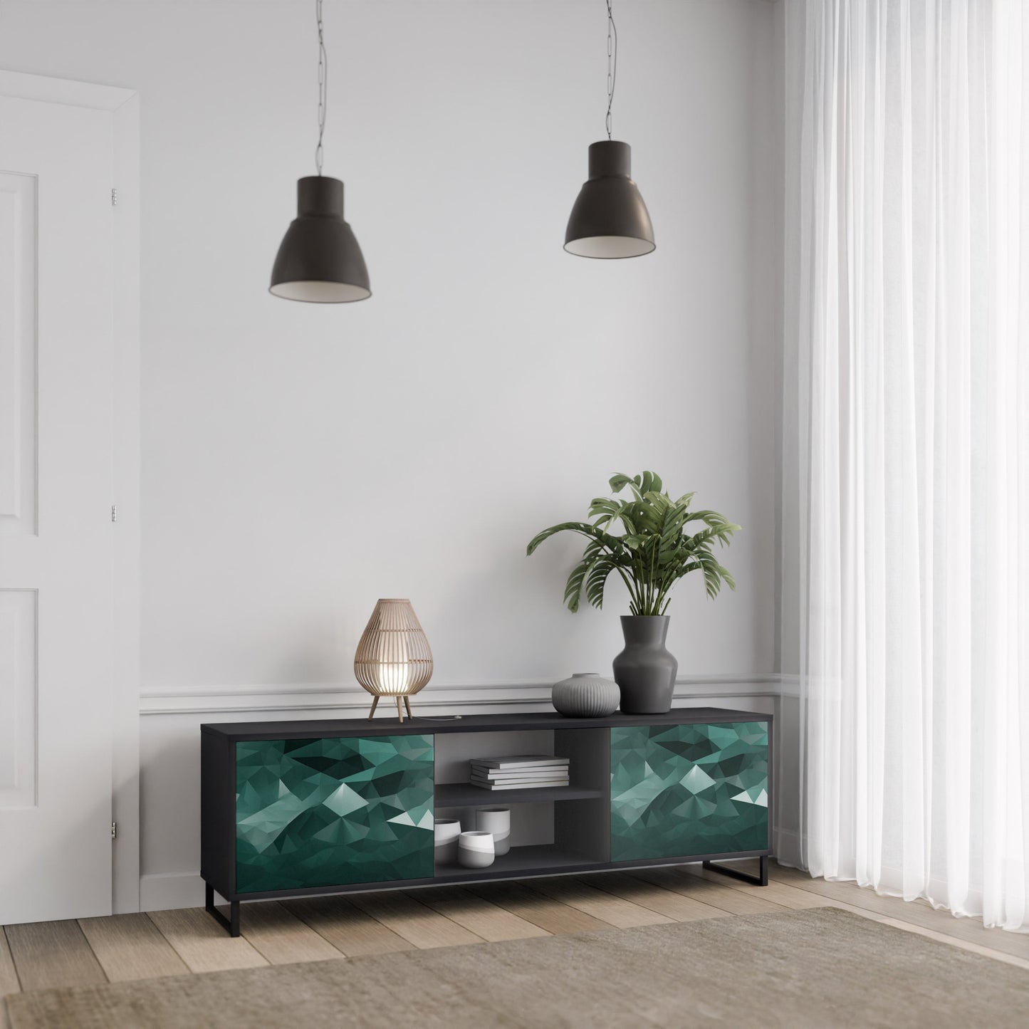 Mobile TV POLYGONAL FLOATING a 2 ante con finitura nera
