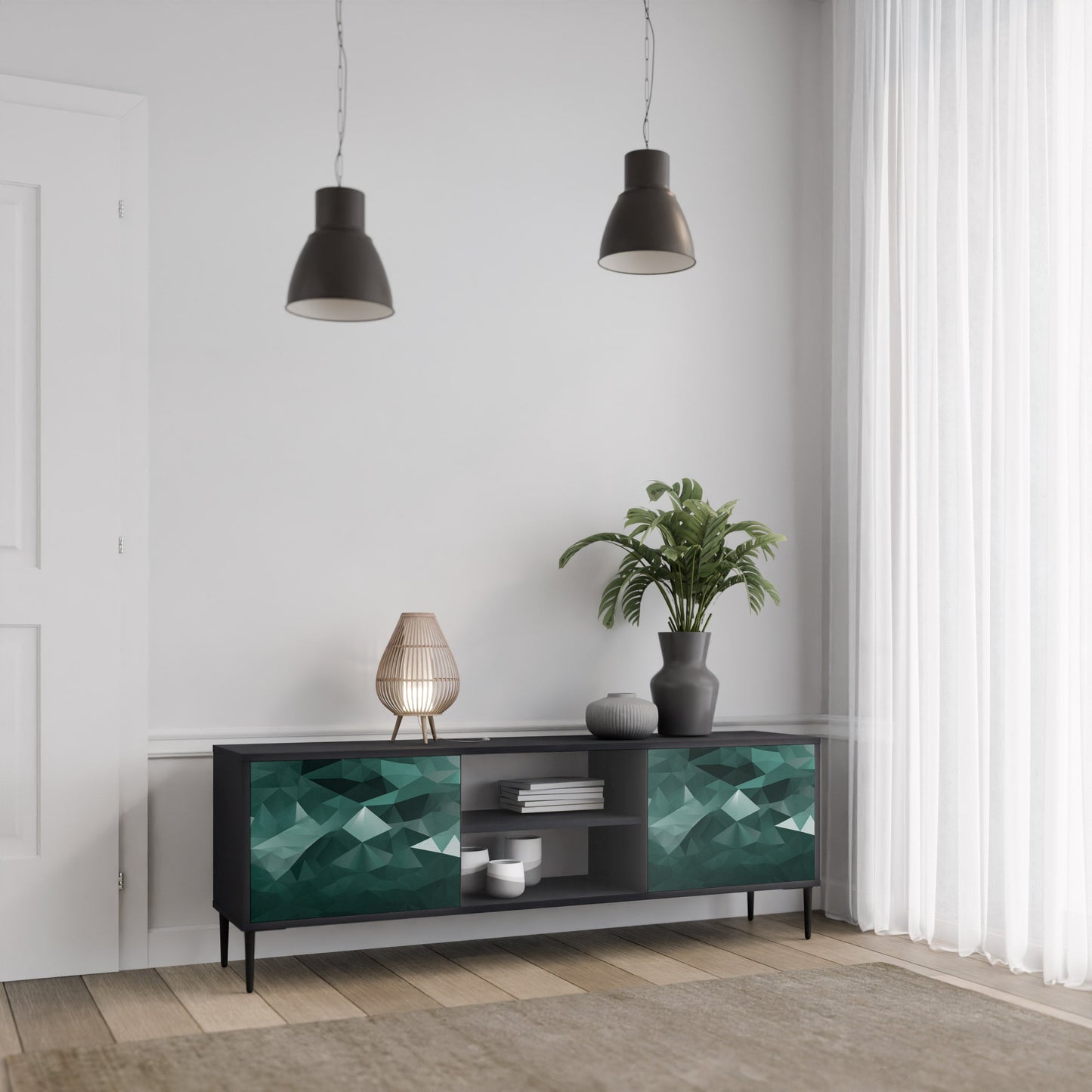 Mobile TV POLYGONAL FLOATING a 2 ante con finitura nera