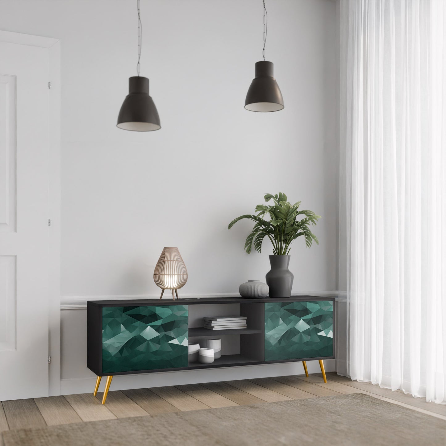 Mobile TV POLYGONAL FLOATING a 2 ante con finitura nera