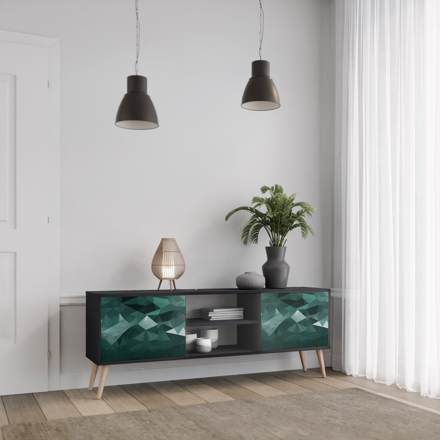 Mobile TV POLYGONAL FLOATING a 2 ante con finitura nera
