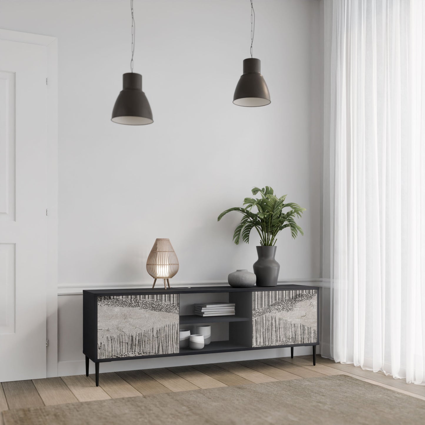 GRAIN LINES 2-Door TV Stand in Black Finish