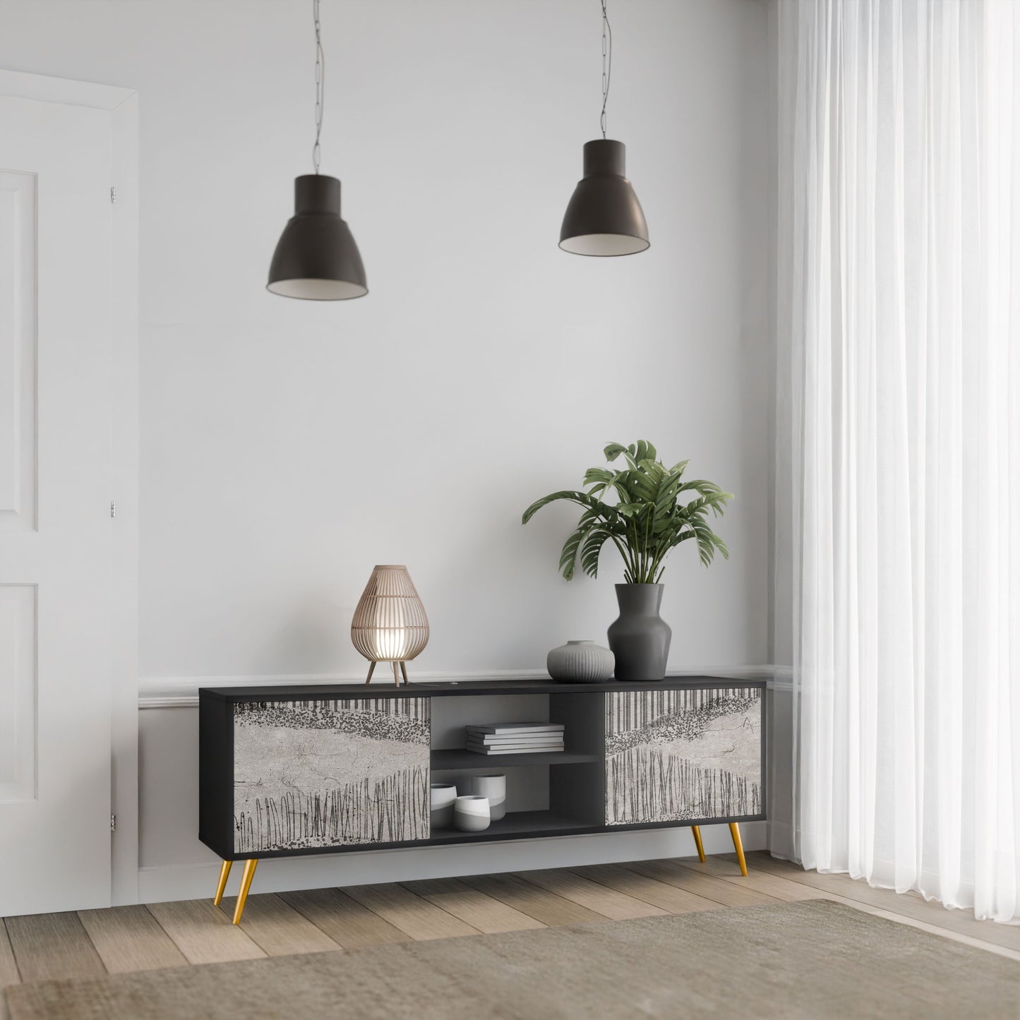 GRAIN LINES 2-Door TV Stand in Black Finish