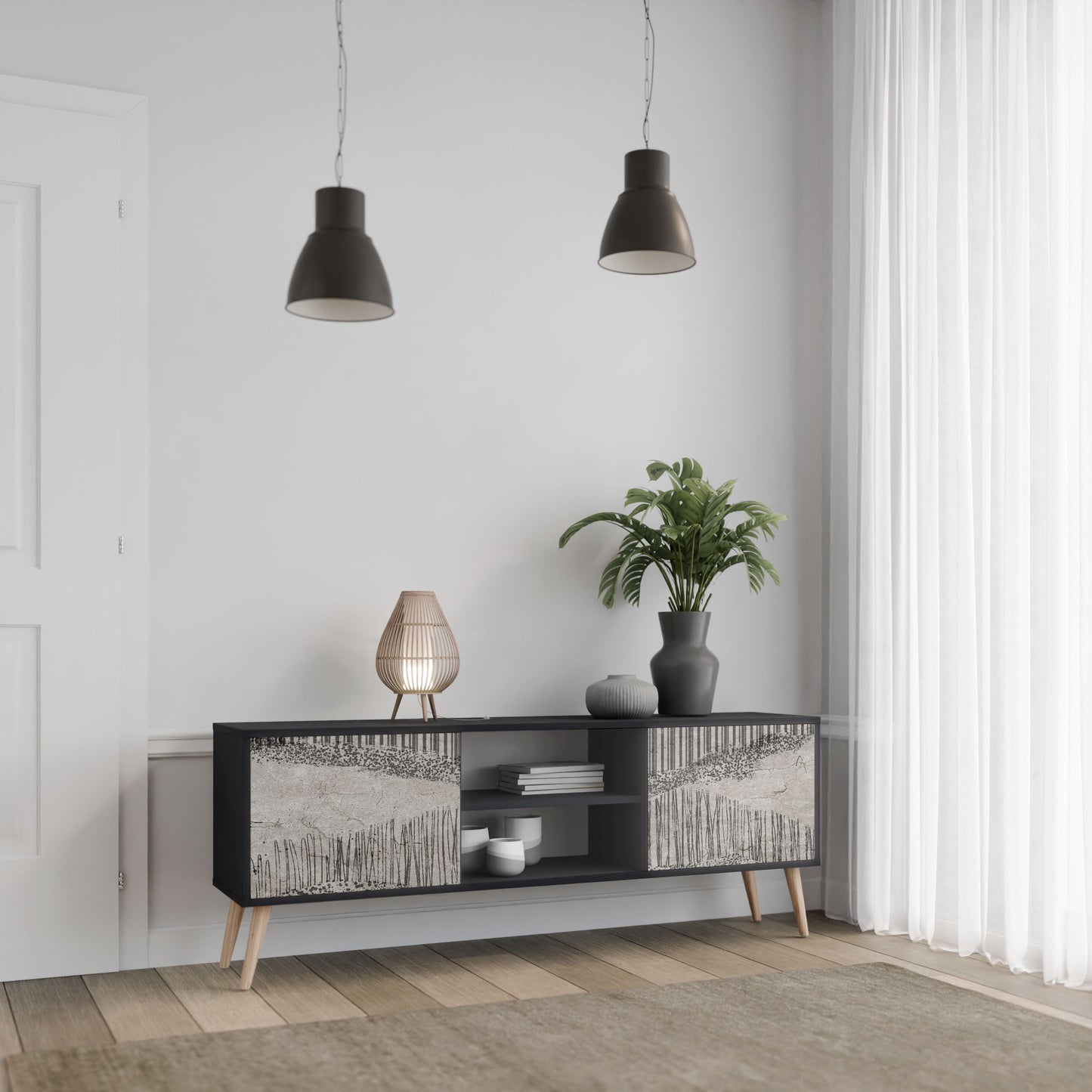 GRAIN LINES 2-Door TV Stand in Black Finish