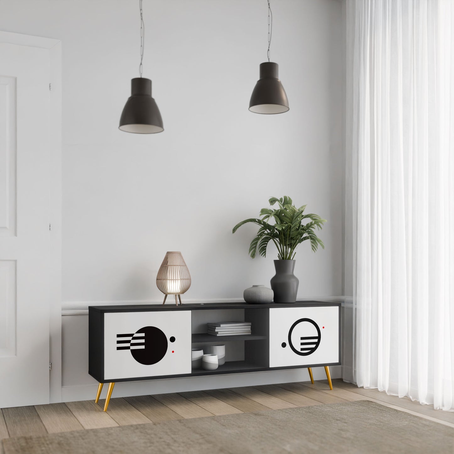 Mobile TV a 2 ante con combinazione di bianco e nero e finitura nera