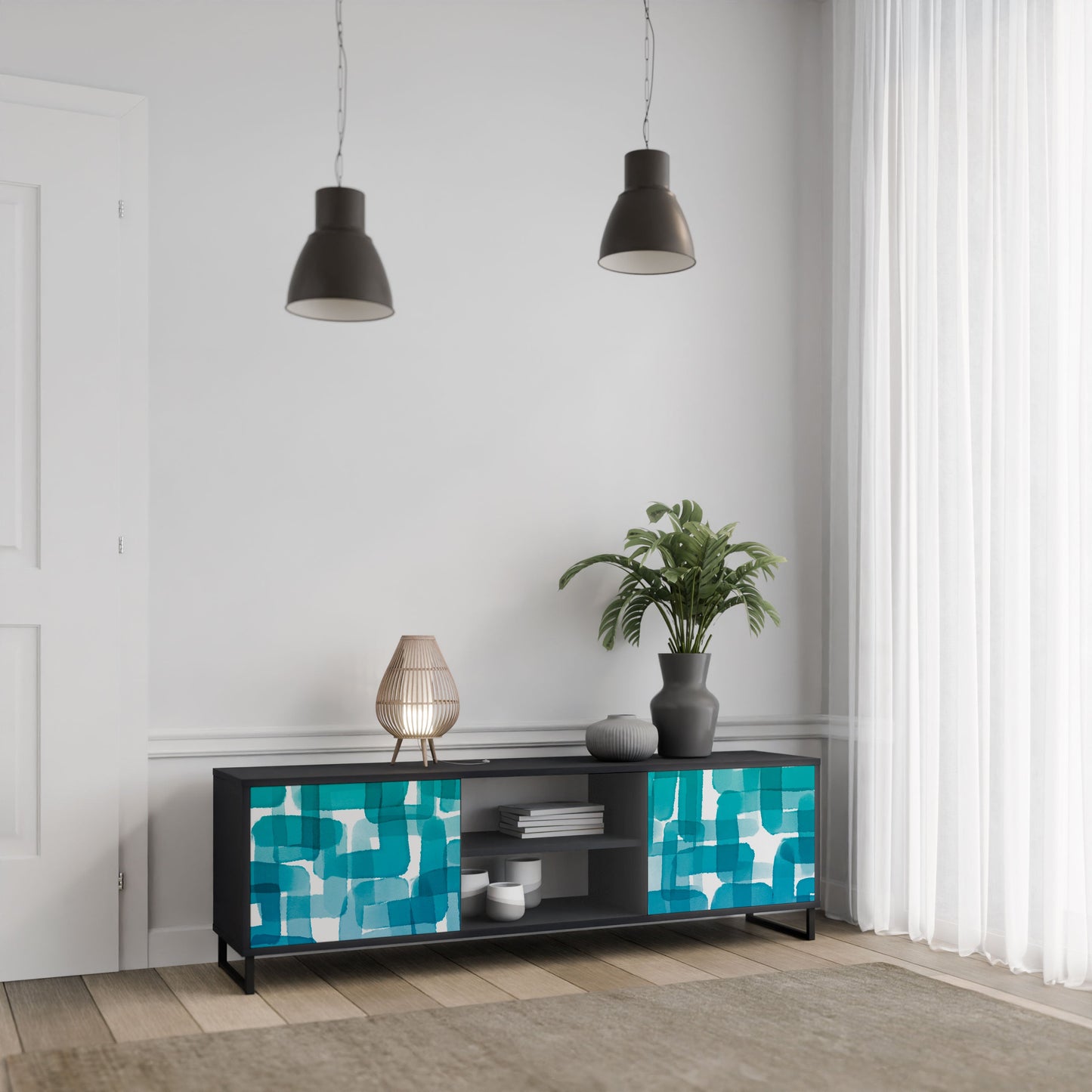 Mobile TV TURQUOISE RECTANGLES a 2 ante con finitura nera