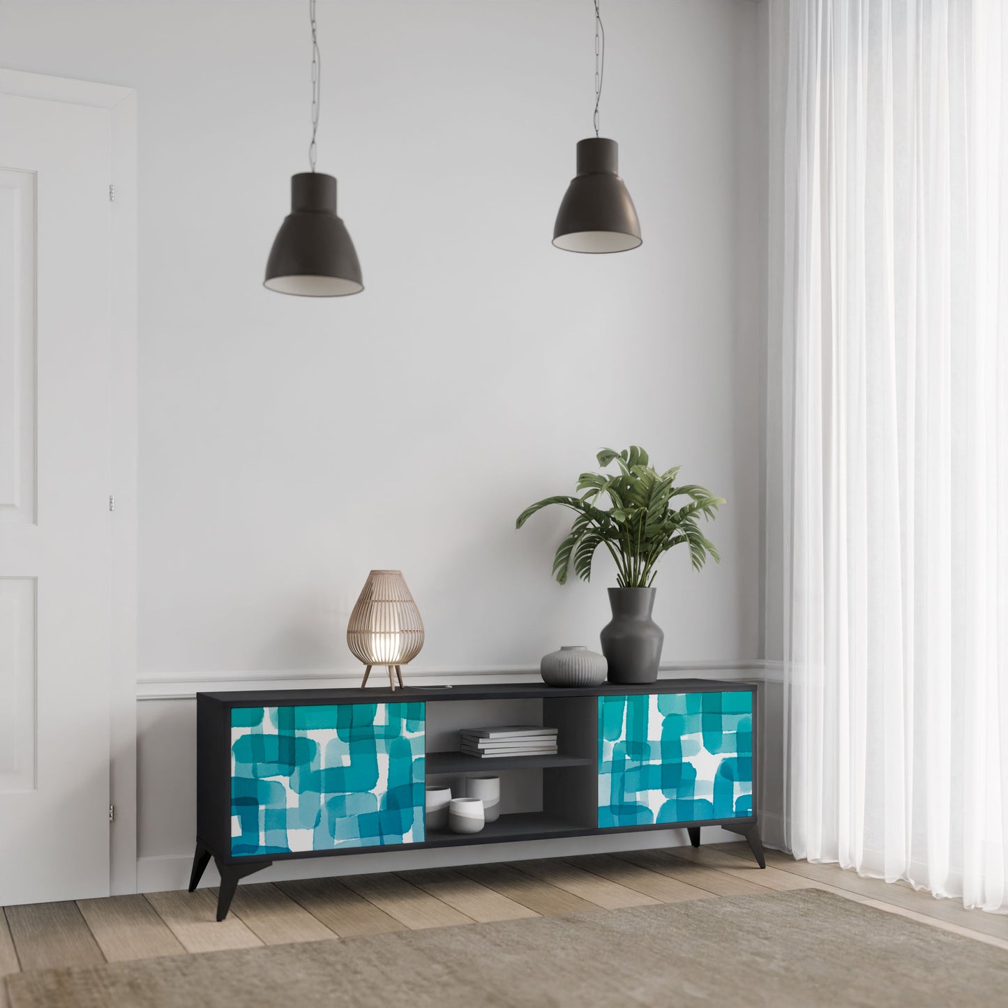 Mobile TV TURQUOISE RECTANGLES a 2 ante con finitura nera