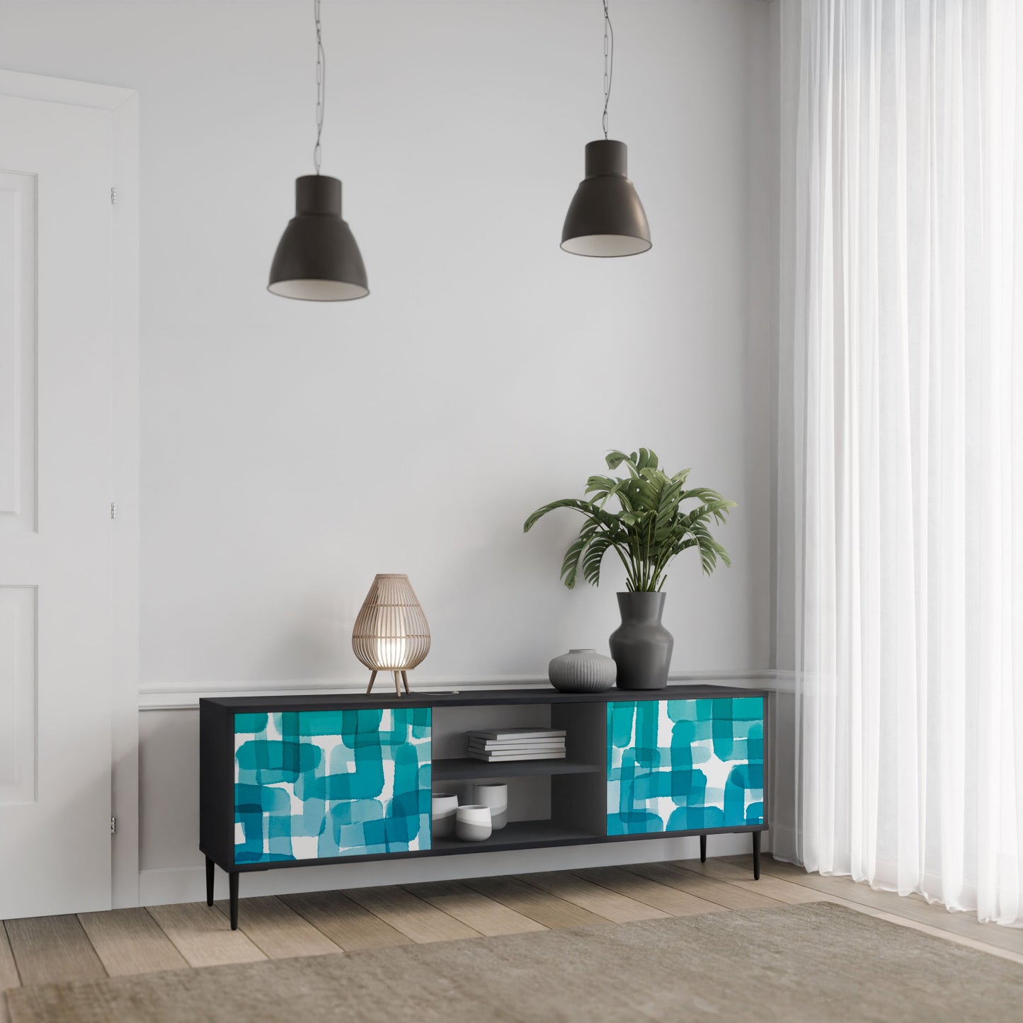 Mobile TV TURQUOISE RECTANGLES a 2 ante con finitura nera