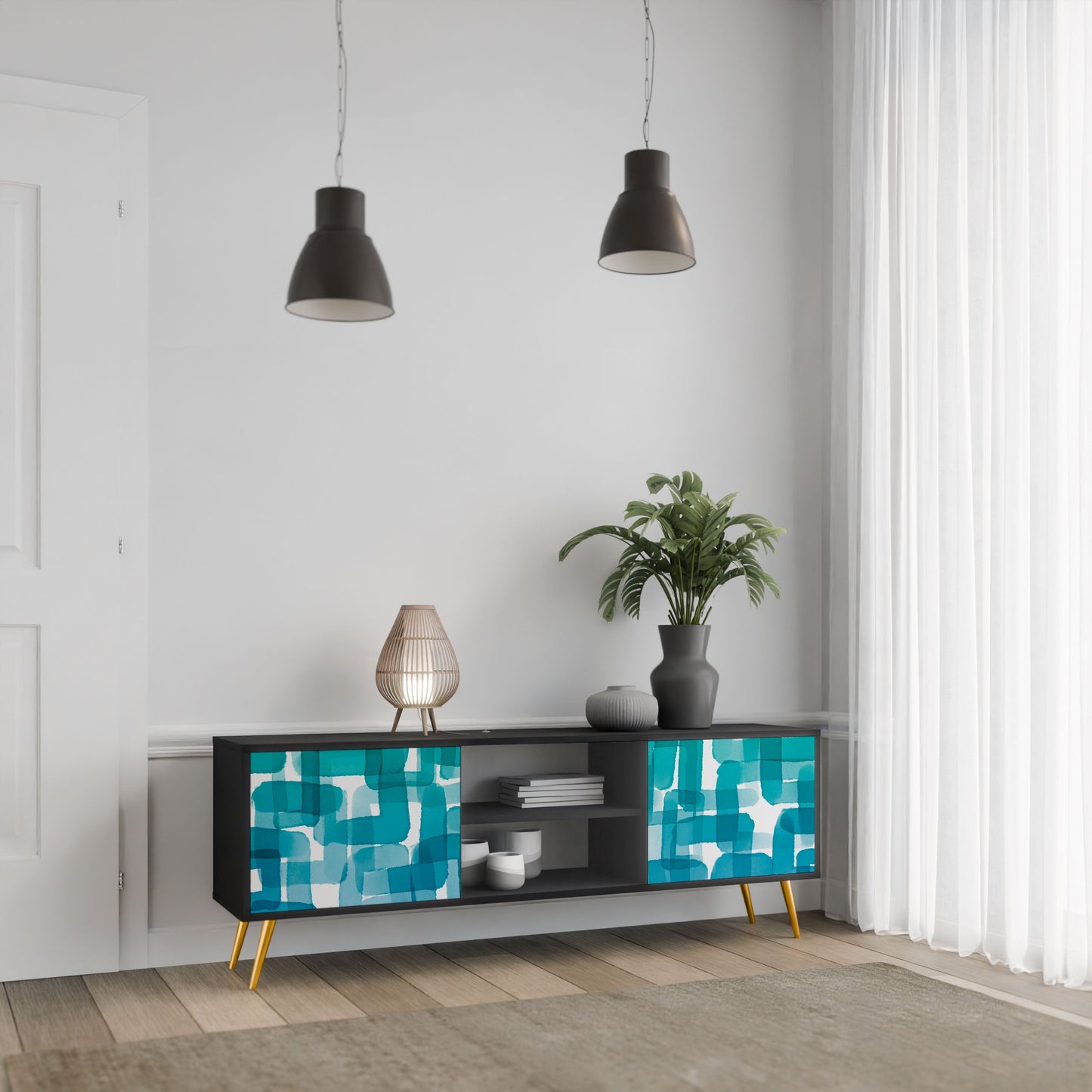 Mobile TV TURQUOISE RECTANGLES a 2 ante con finitura nera