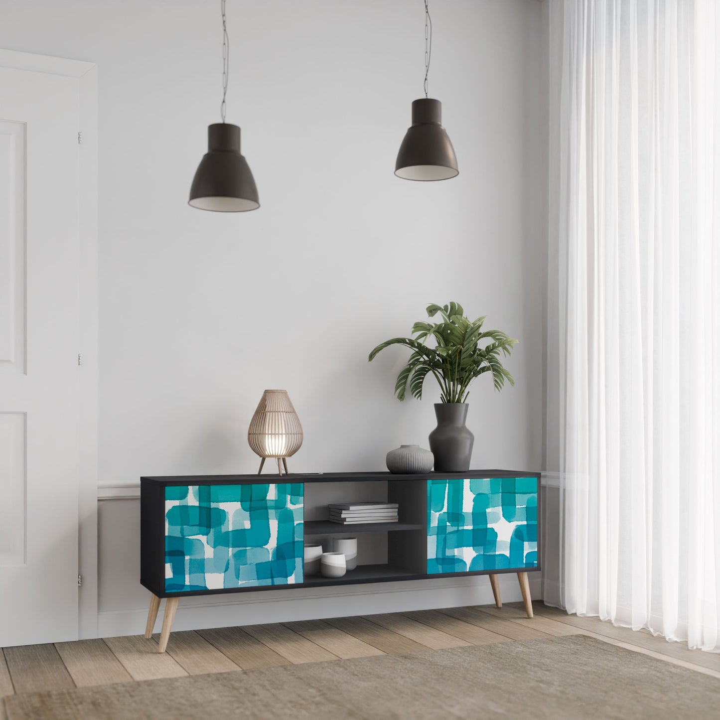 Mobile TV TURQUOISE RECTANGLES a 2 ante con finitura nera