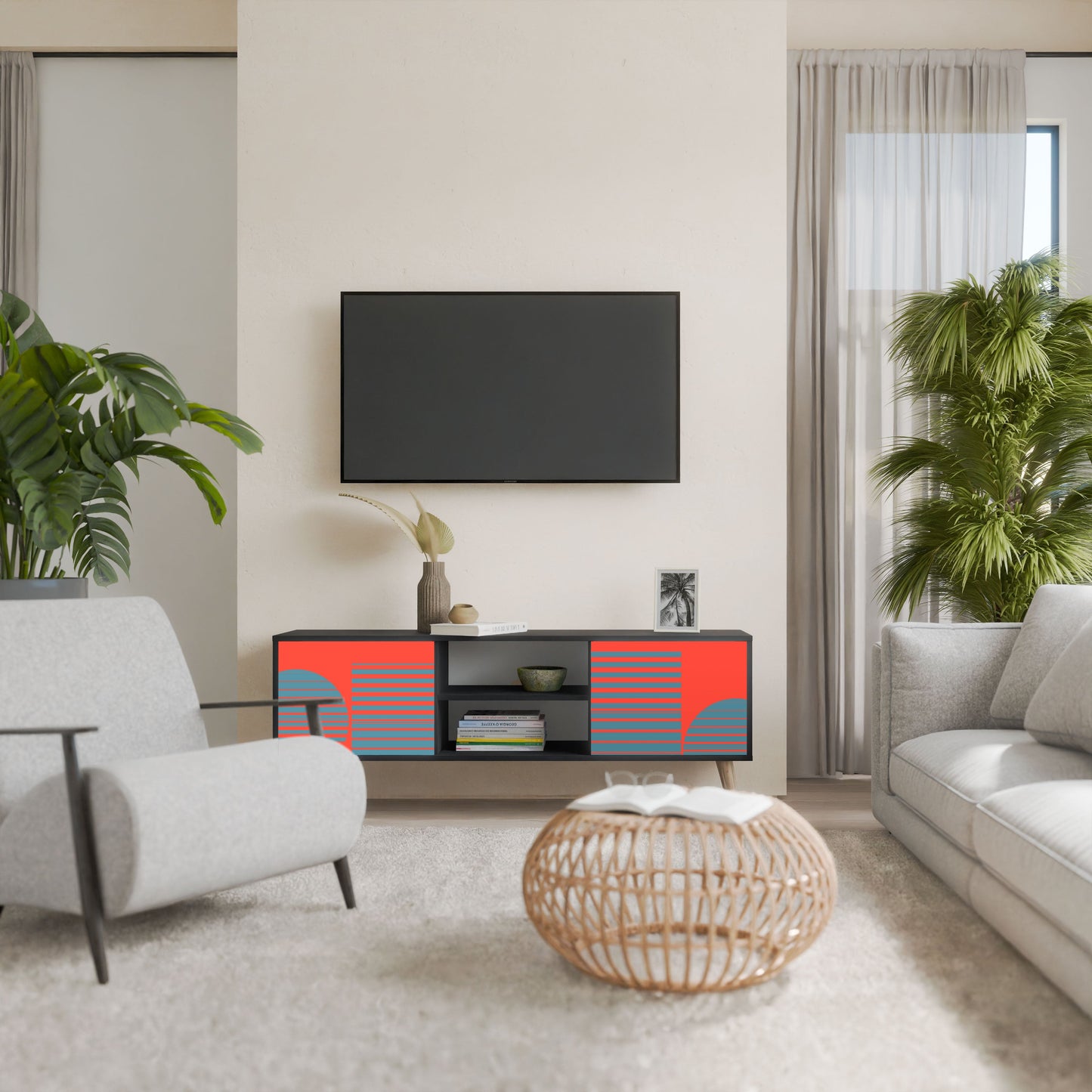 RISING GEOMETRY STARS 2-Door TV Stand in Black Finish